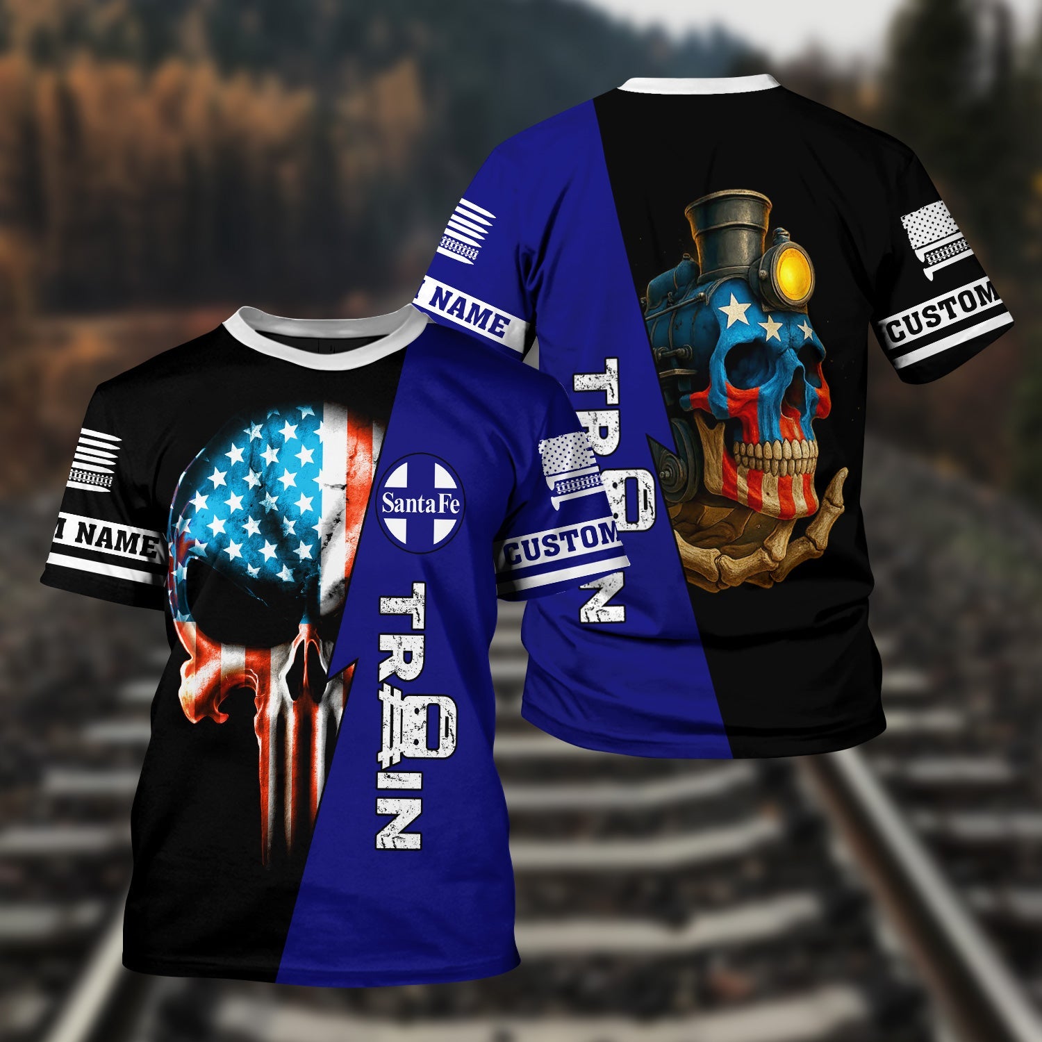 Railspirit Personalized Santa Fe Railway T-Shirt Train Skull American Flag Atchison, Topeka and Santa Fe Railway Shirt All Over Print