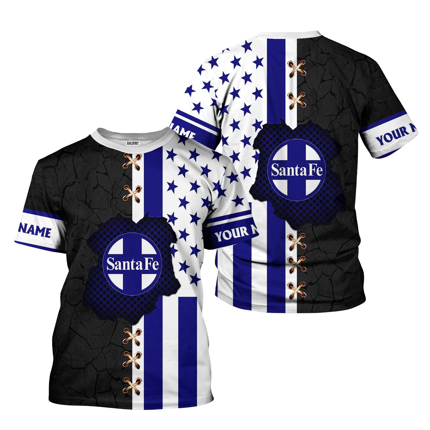 Railspirit Personalized Santa Fe ATSF Railway T-Shirt American Flag with Crack Effect Atchison, Topeka and Santa Fe Train Shirt