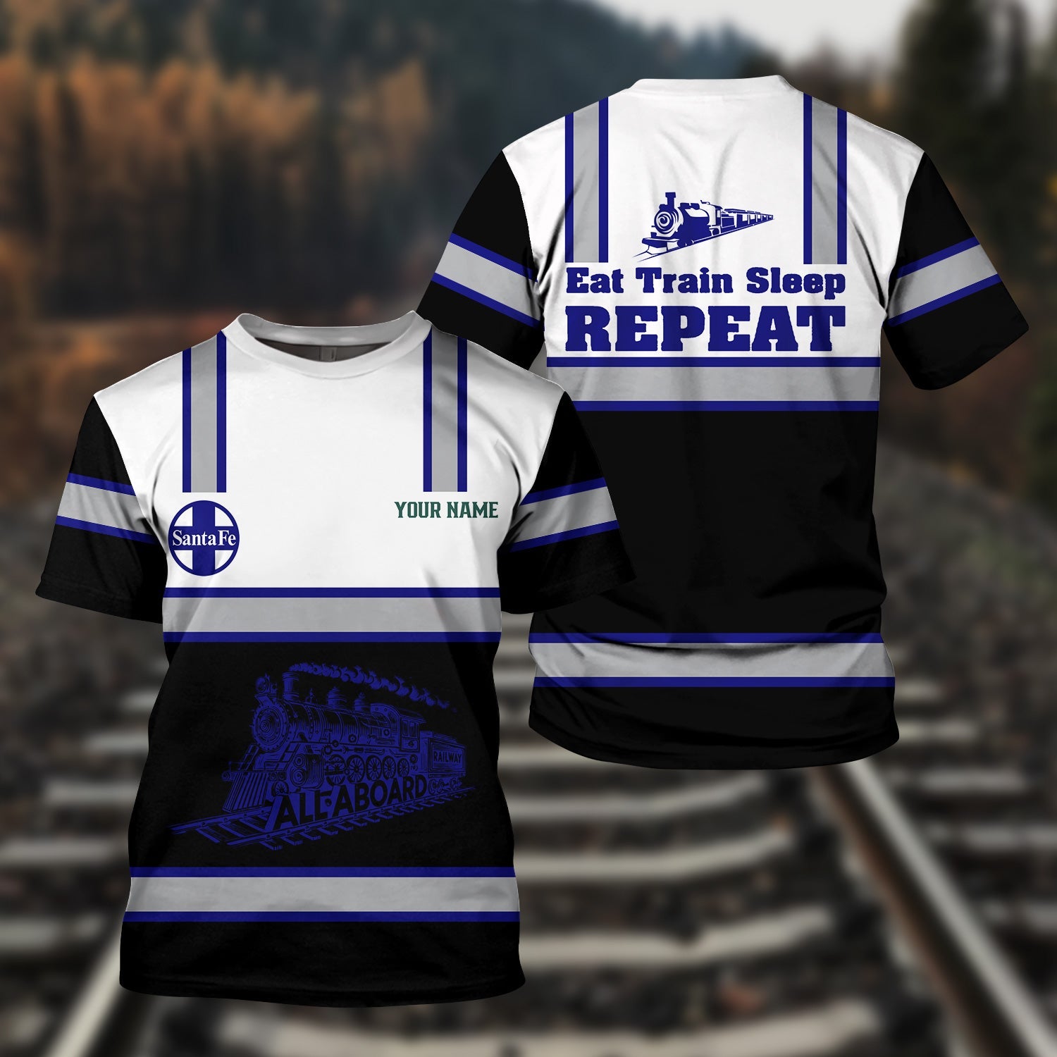 Railspirit Custom Name Santa Fe Railway T Shirt Eat Train Sleep Repeat Atchison, Topeka and Santa Fe Railway Printed Train Shirt