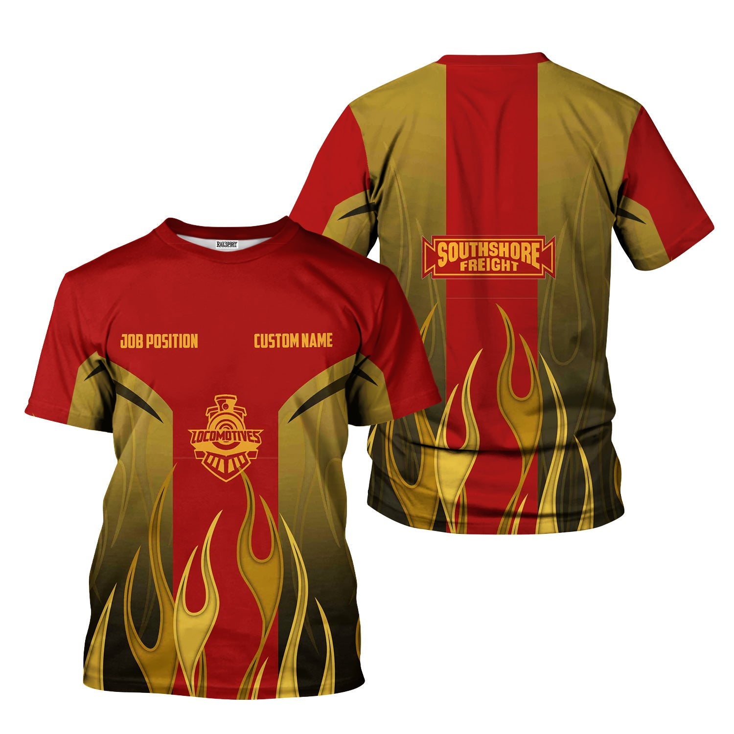 Railspirit Custom Name and Job Title Chicago South Shore and South Bend Railroad T-Shirt Flame Graphic Train Shirt