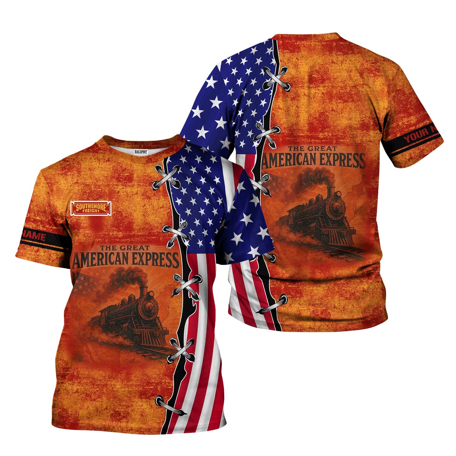Railspirit Personalized Chicago South Shore and South Bend Railroad T-Shirt Retro American Express Train With USA Flag Shirt