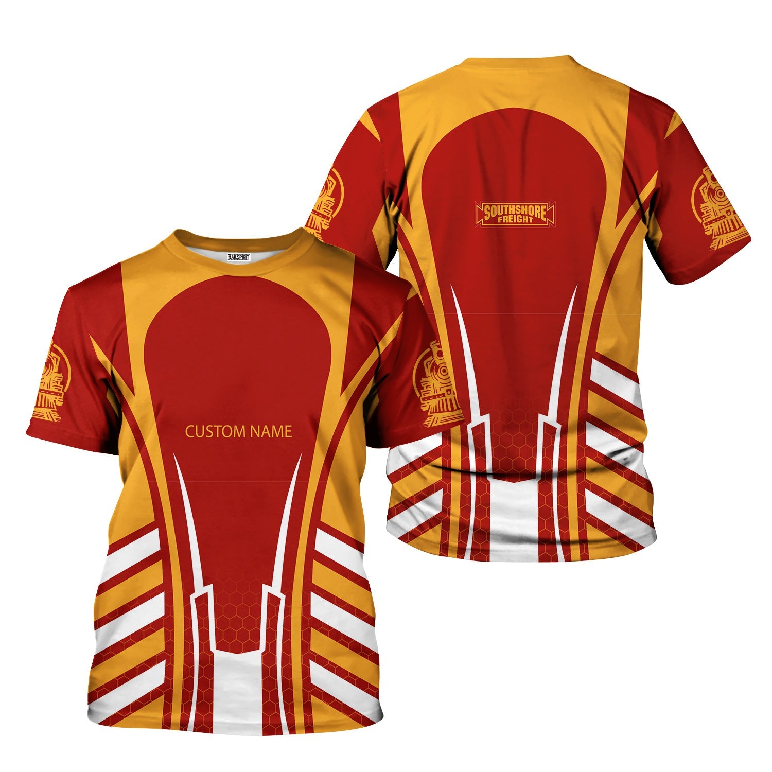 Railspirit Personalized Chicago South Shore and South Bend Railroad T-Shirt Striped Railroad Style Train Shirt All Over Print