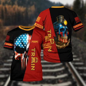 Railspirit Personalized Chicago South Shore and South Bend Railroad T-Shirt Train Skull American Flag Shirt All Over Print