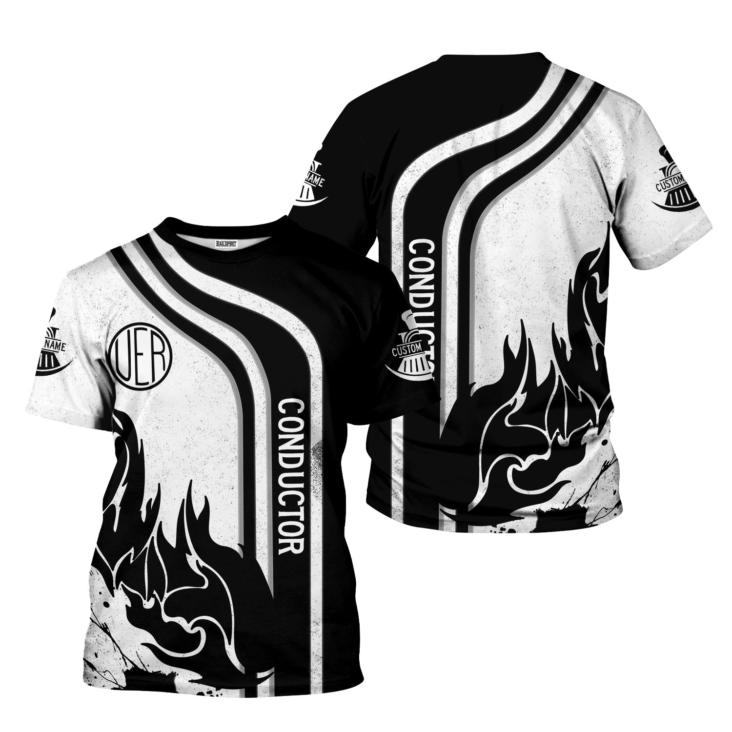 Railspirit Personalized Union Electric Railway T-Shirt Flame Design with Custom Job Position Train Shirt