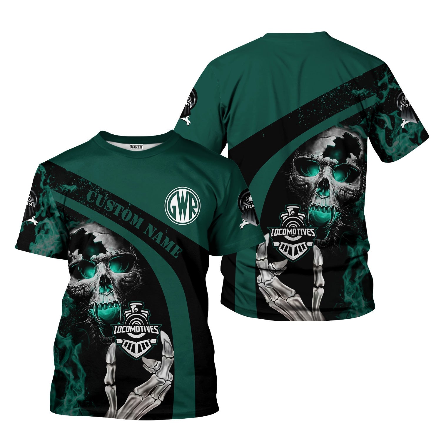 Railspirit Personalized Great Western Railway T-Shirt Flame Skull Design Train Shirt for Locomotive Fans