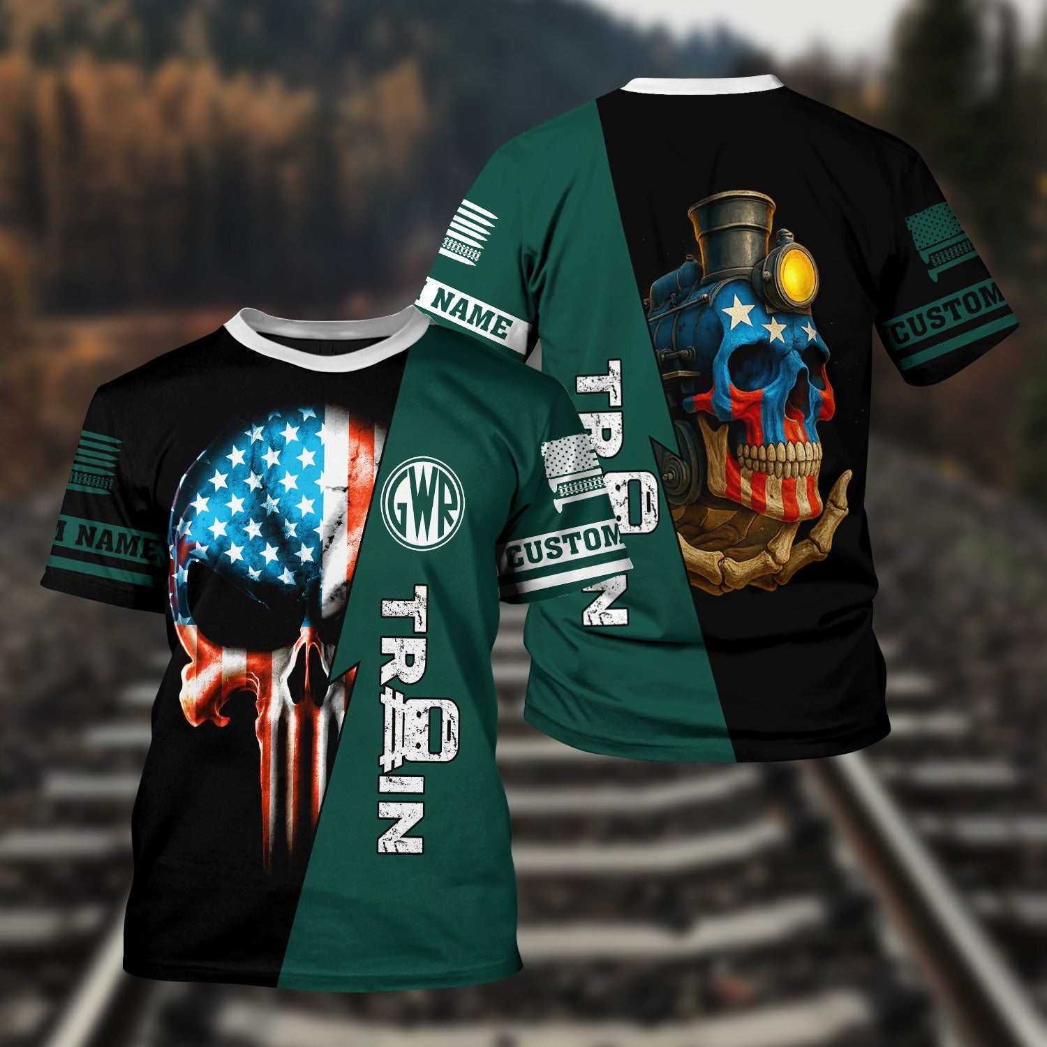 Railspirit Personalized Great Western Railway T-Shirt Train Skull American Flag Shirt All Over Print