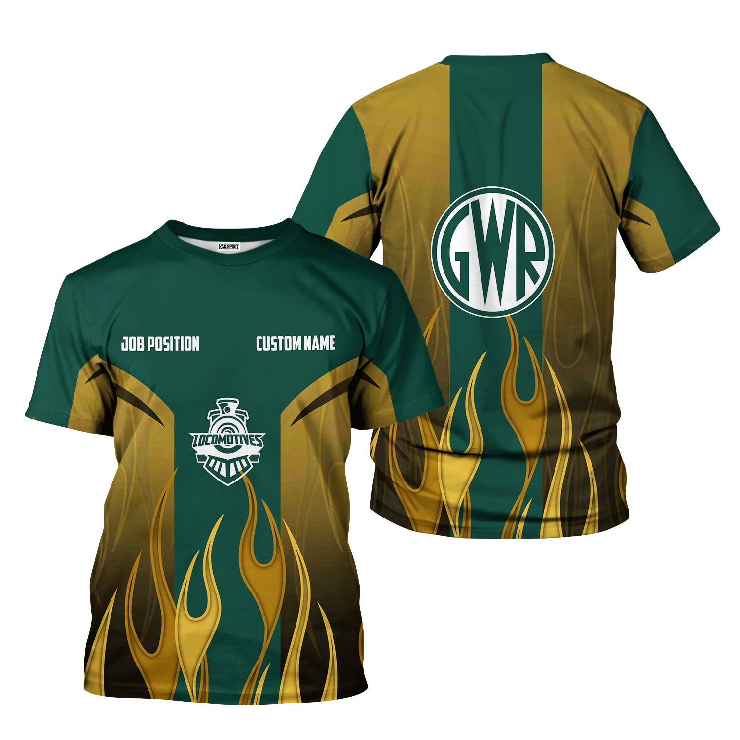Railspirit Custom Name and Job Title Great Western Railway T-Shirt Flame Graphic Train Shirt