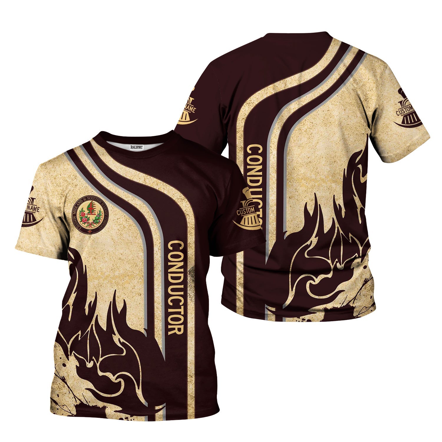 Railspirit Personalized London, Midland and Scottish Railway T-Shirt Flame Design with Custom Job Position Train Shirt