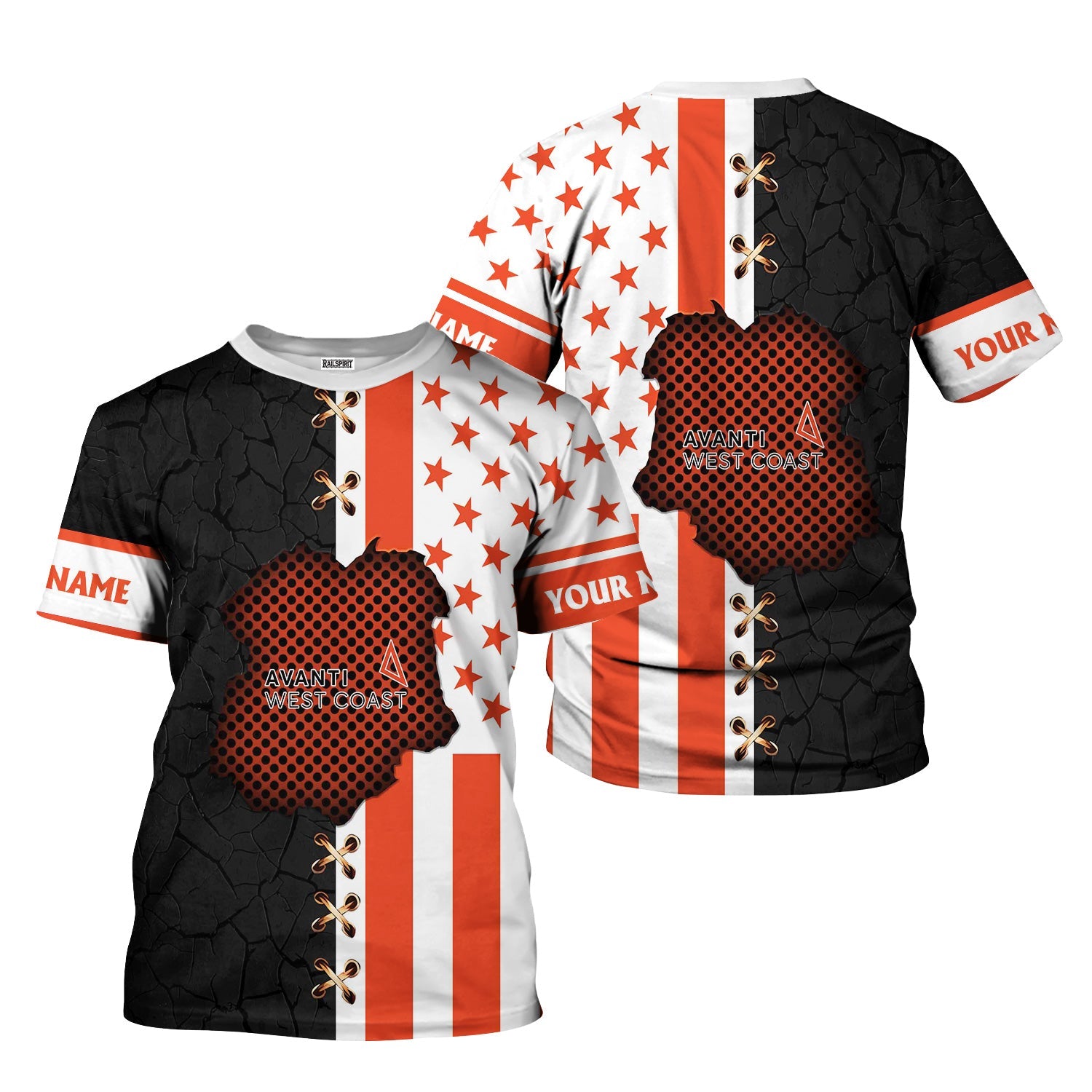 Railspirit Personalized Avanti West Coast T-Shirt American Flag with Crack Effect Train Shirt