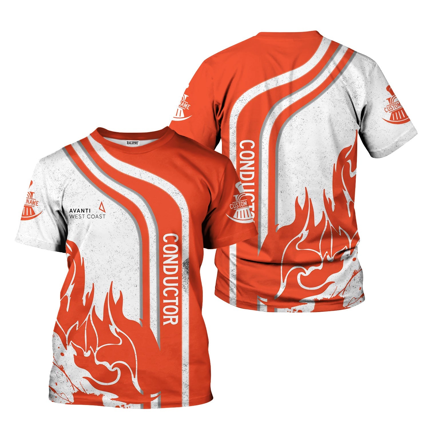 Railspirit Personalized Avanti West Coast T-Shirt Flame Design with Custom Job Position Train Shirt