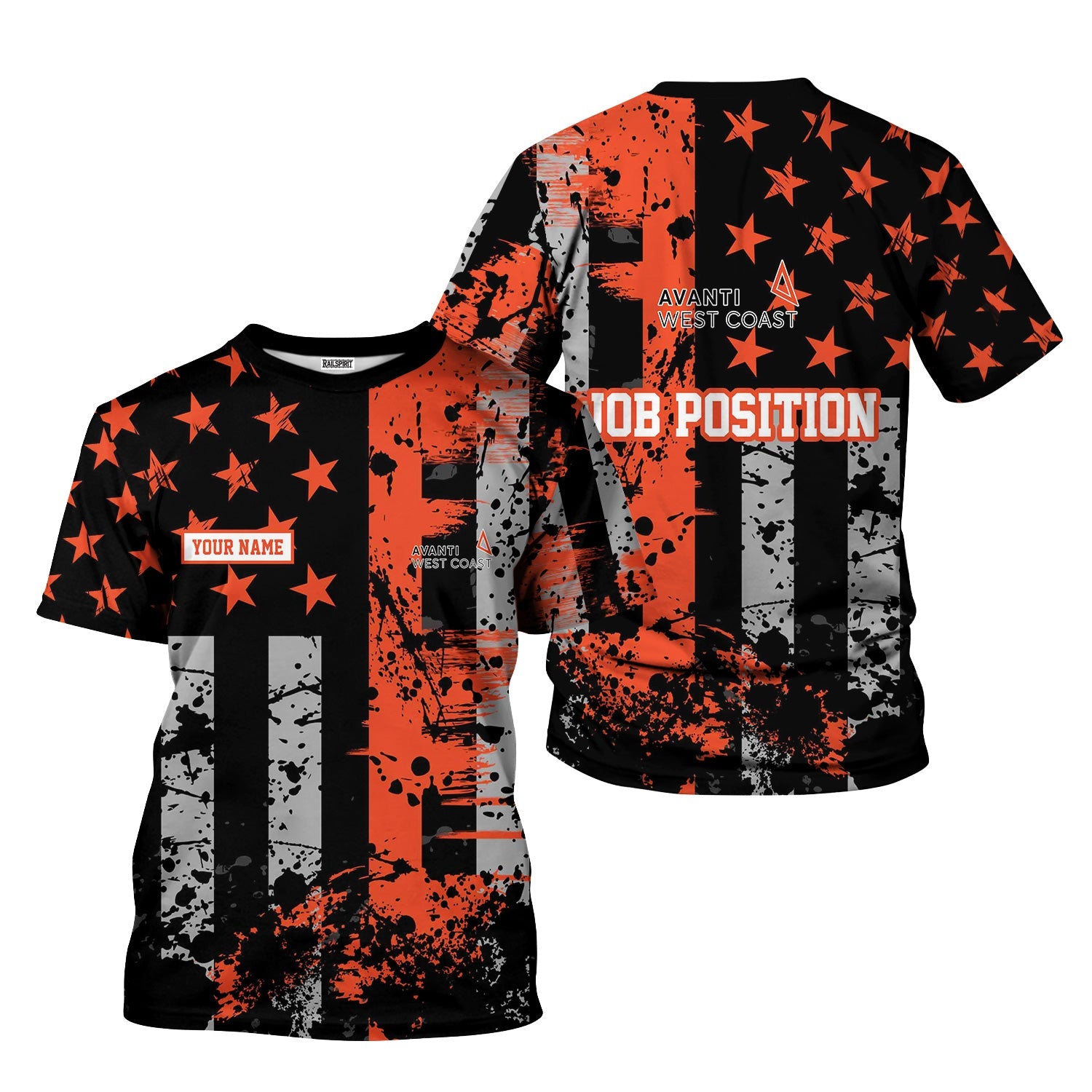 Railspirit Personalized Avanti West Coast T-Shirt Artistic Paint American Flag Style Train Shirt