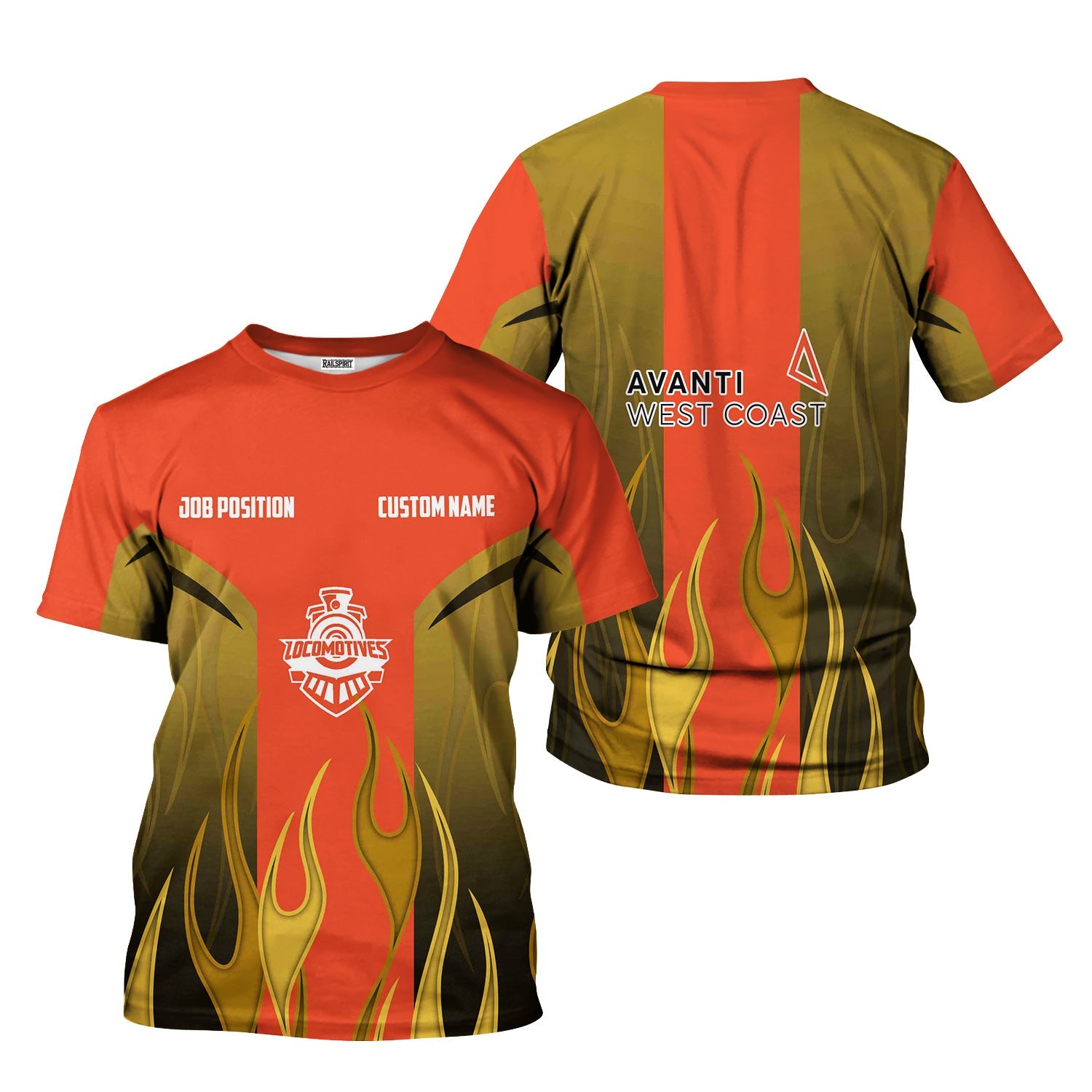 Railspirit Custom Name and Job Title Avanti West Coast T-Shirt Flame Graphic Train Shirt