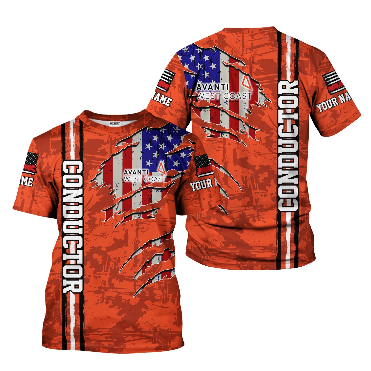 Railspirit Personalized Avanti West Coast T-Shirt USA Flag Claw Art with Custom Job Train Shirt