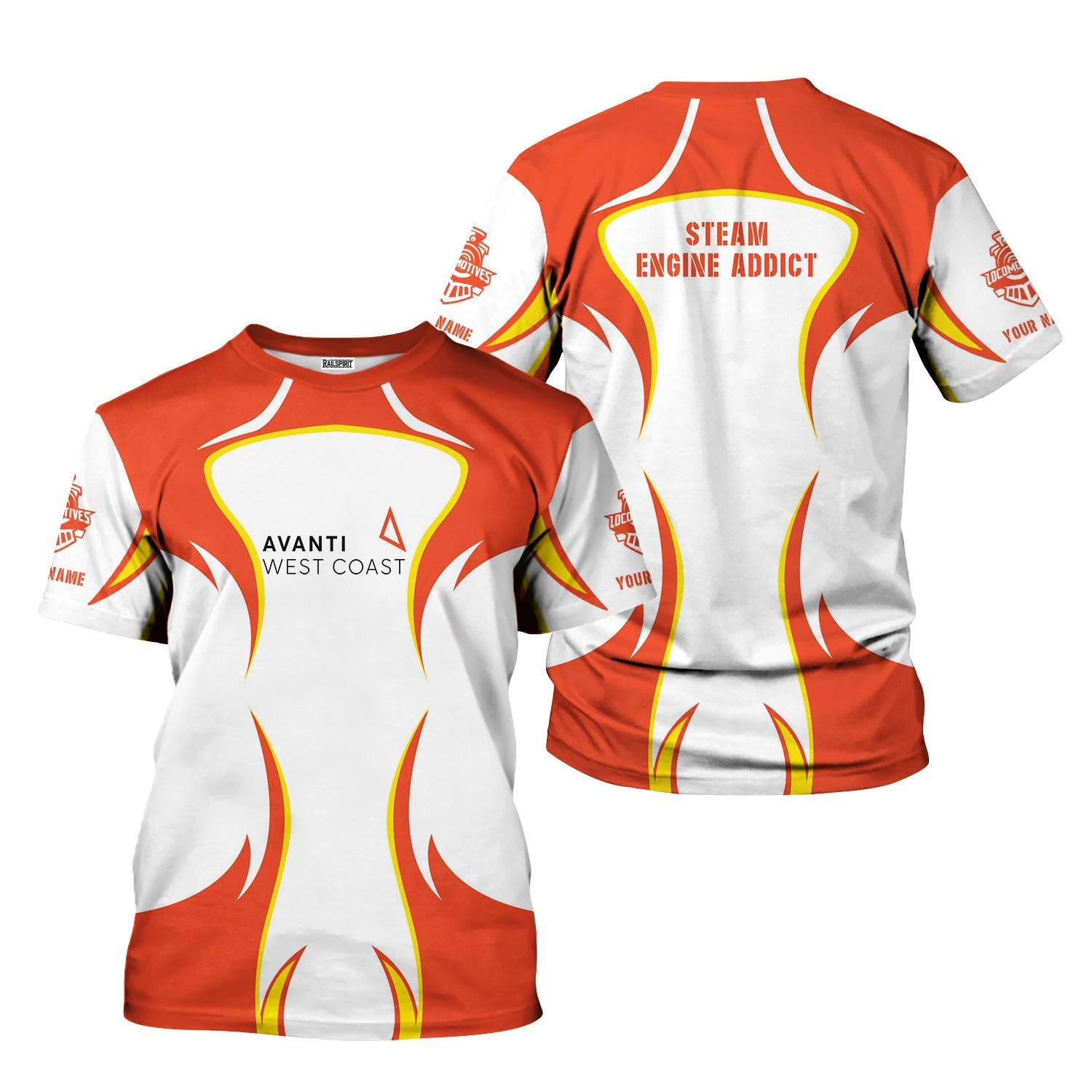 Railspirit Personalized Avanti West Coast T-Shirt Distinctive Flame Style Shirt For Steam Engine Addict