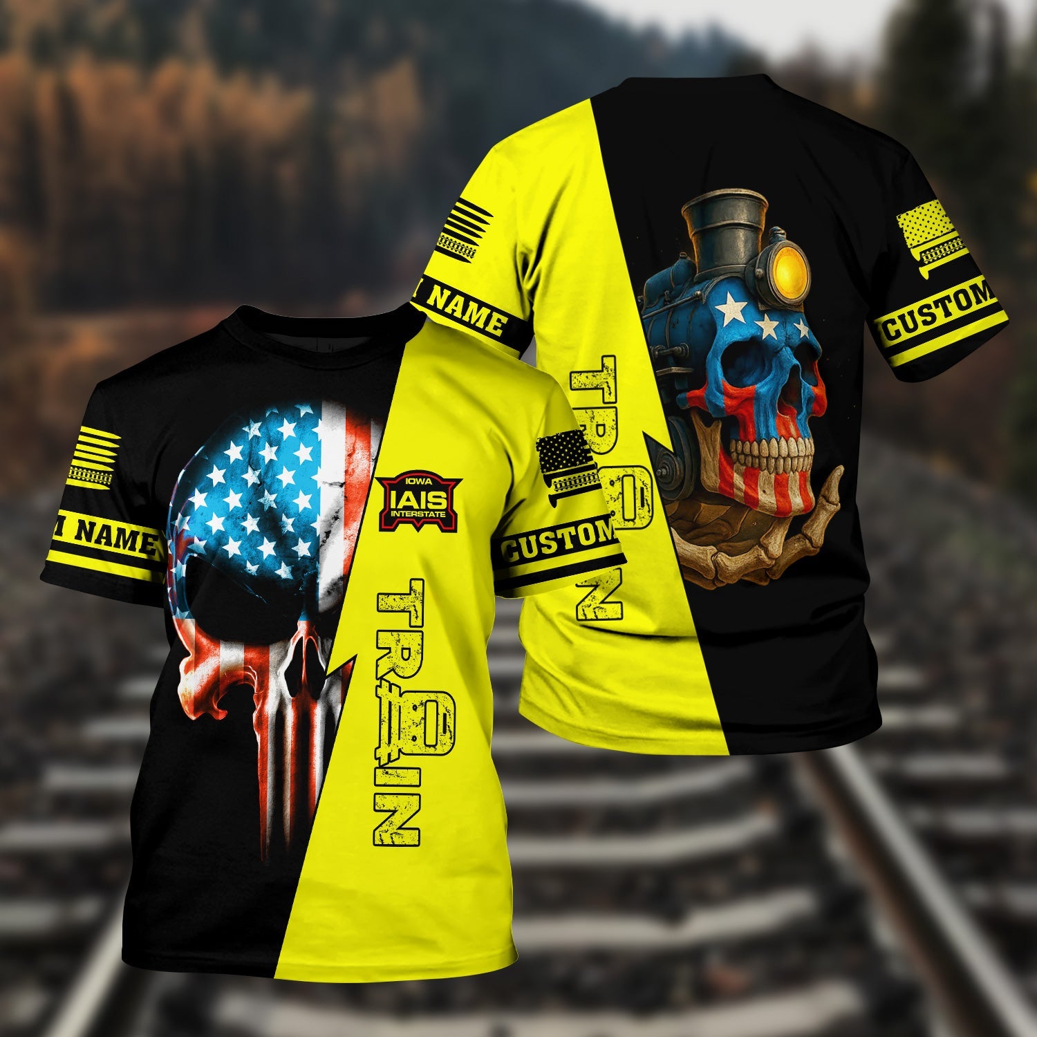 Railspirit Personalized Iowa Interstate Railroad T-Shirt Train Skull American Flag IAIS Shirt All Over Print