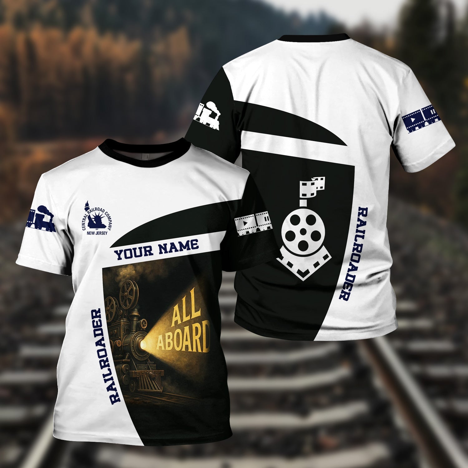 Railspirit Personalized CNJ Jersey Central Railroad T-Shirt All Aboard Steam Train Movie Projector Style Shirt