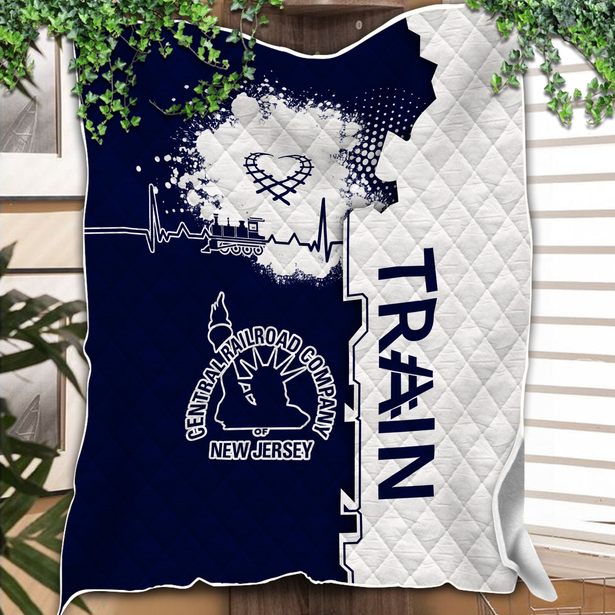 Railspirit Jersey Central Railroad Premium Quilts Engine Heartbeat and Track Love Style Quilts Gift Idea For Train Lovers