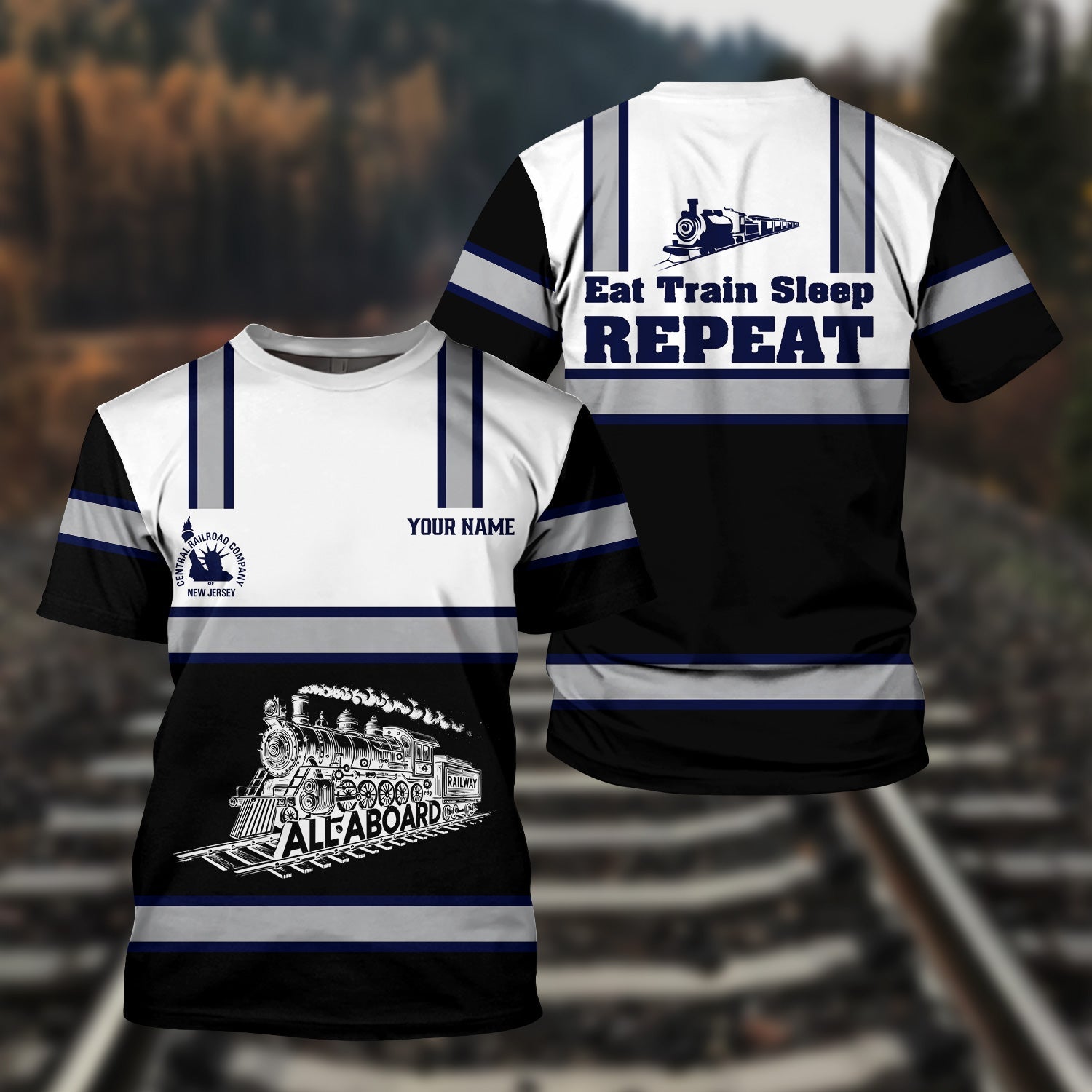 Railspirit Custom Name CNJ Jersey Central Railroad T Shirt Eat Train Sleep Repeat Printed Train Shirt