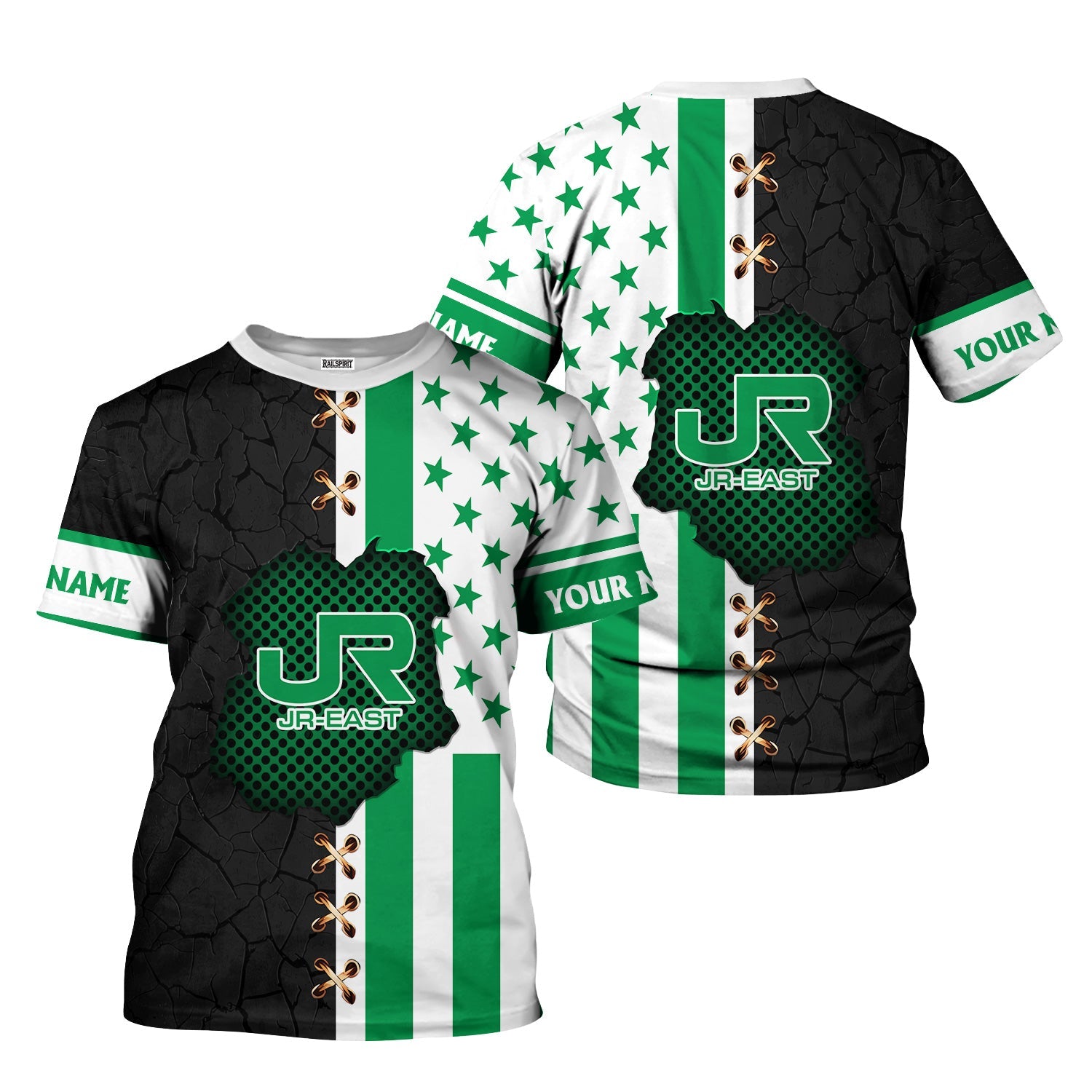 Railspirit Personalized East Japan Railway T-Shirt American Flag with Crack Effect JR-EAST Train Shirt