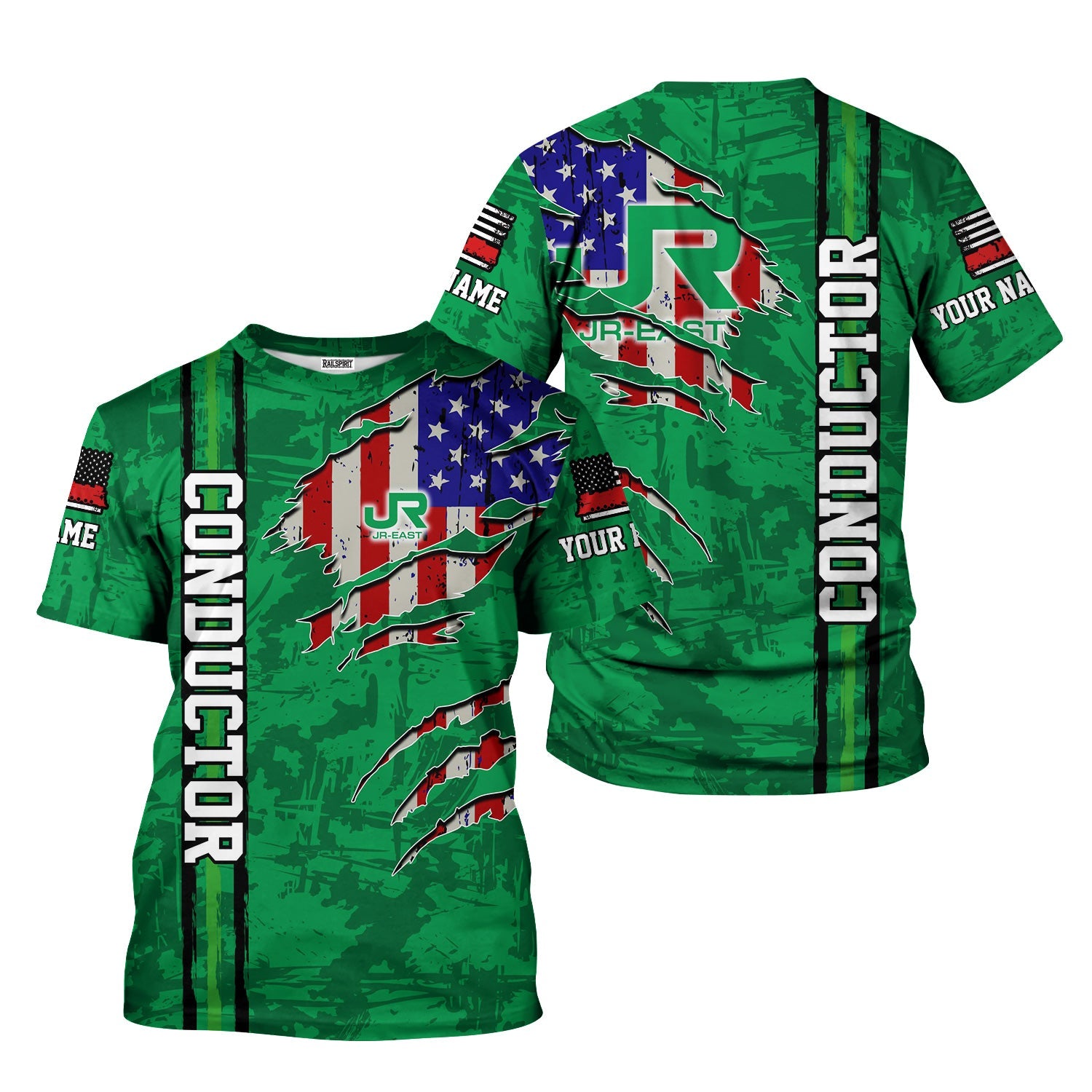 Railspirit Personalized East Japan Railway T-Shirt USA Flag Claw Art with Custom Job JR-EAST Train Shirt