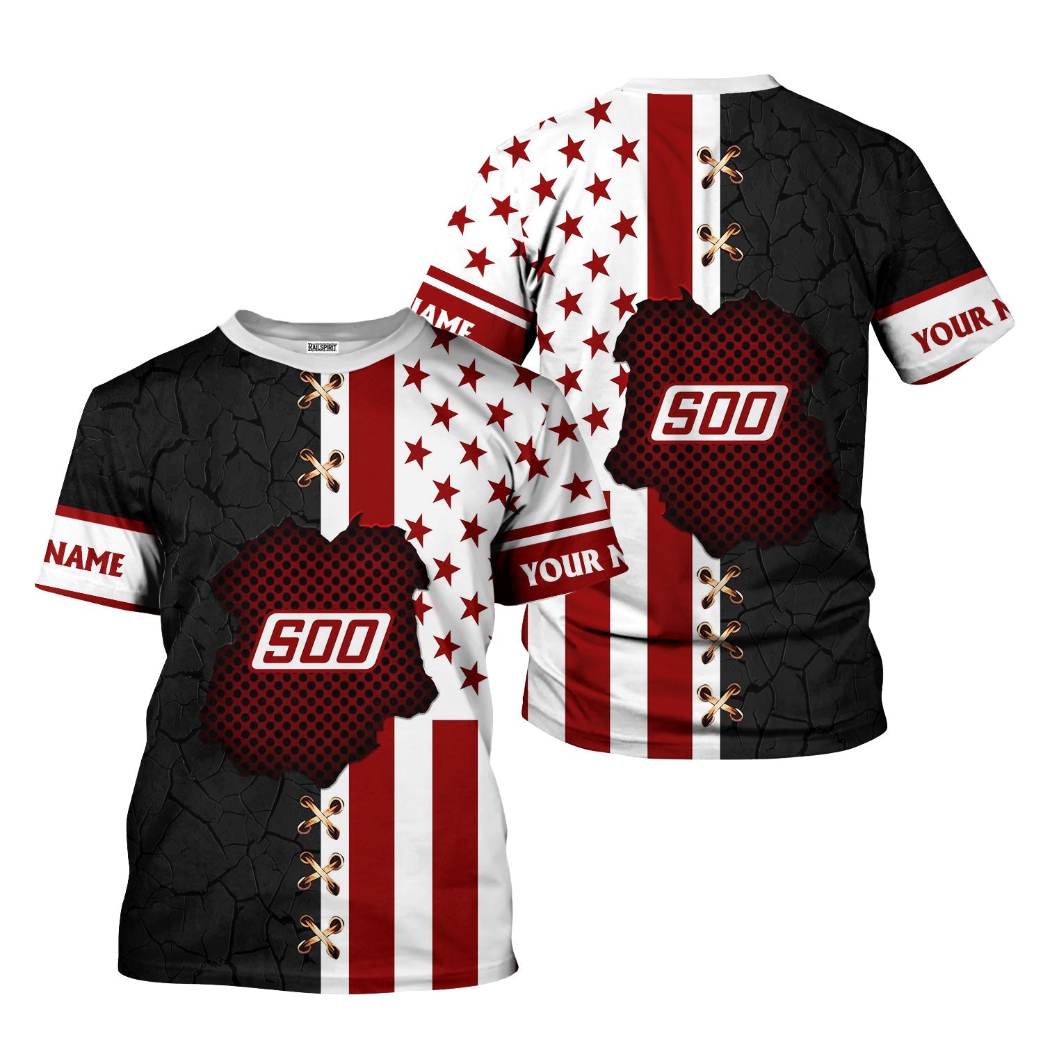 Railspirit Personalized Soo Line Railroad T-Shirt American Flag with Crack Effect Train Shirt