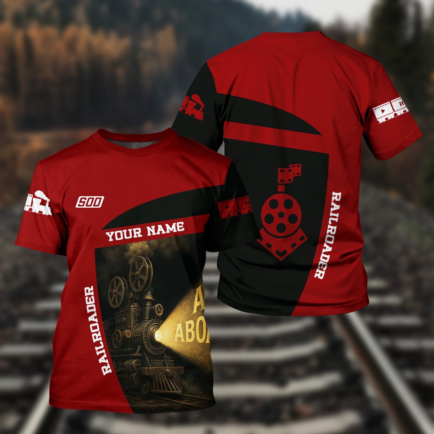 Railspirit Personalized Soo Line Railroad T-Shirt All Aboard Steam Train Movie Projector Style Shirt