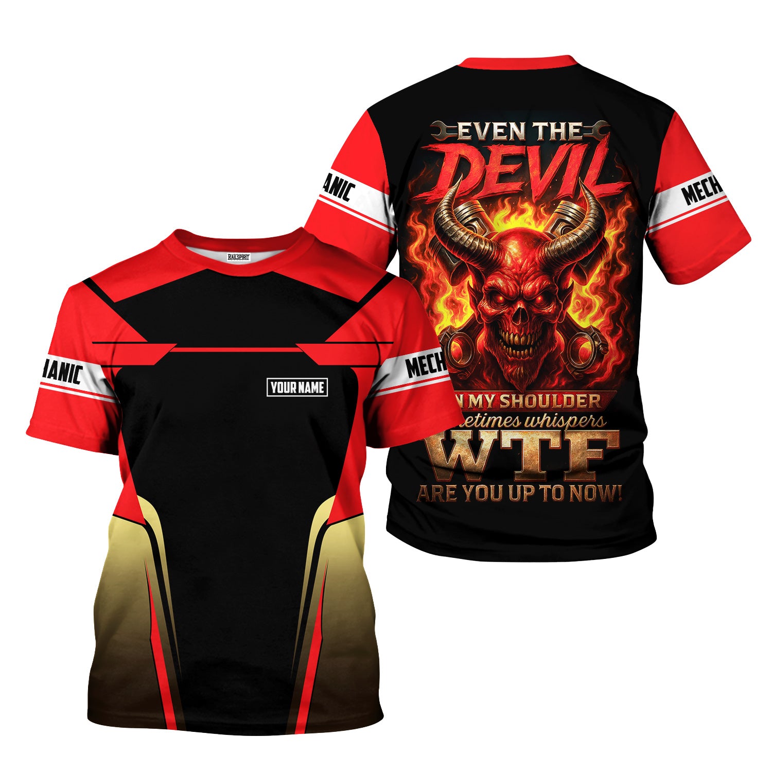 Personalized Mechanic Shirt, Even The Devil On My Shoulder Sometimes Whispers WTF Are You Up To Now, Mechanic Uniforms, Gift For Men