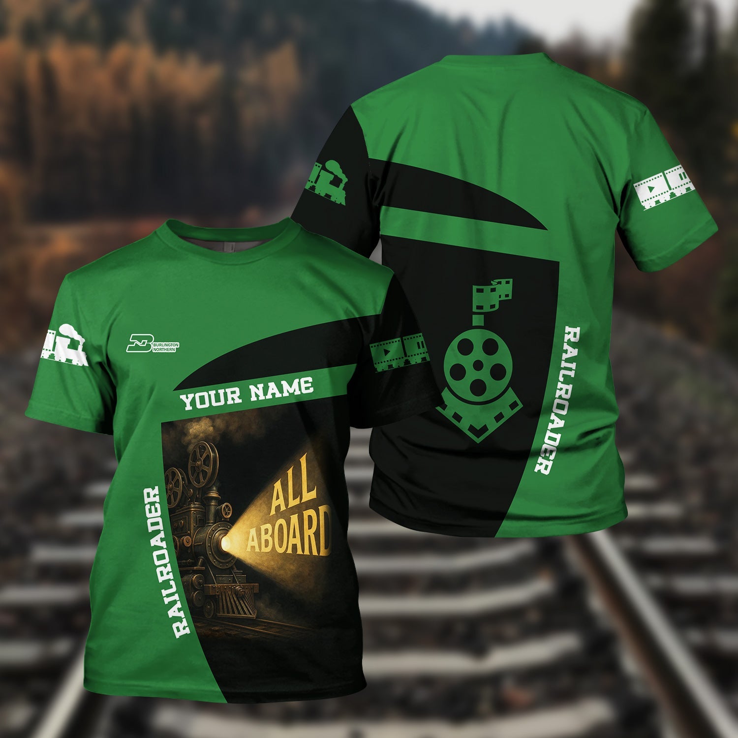 Railspirit Personalized Burlington Northern Railroad T-Shirt All Aboard Steam Train Movie Projector Style Shirt