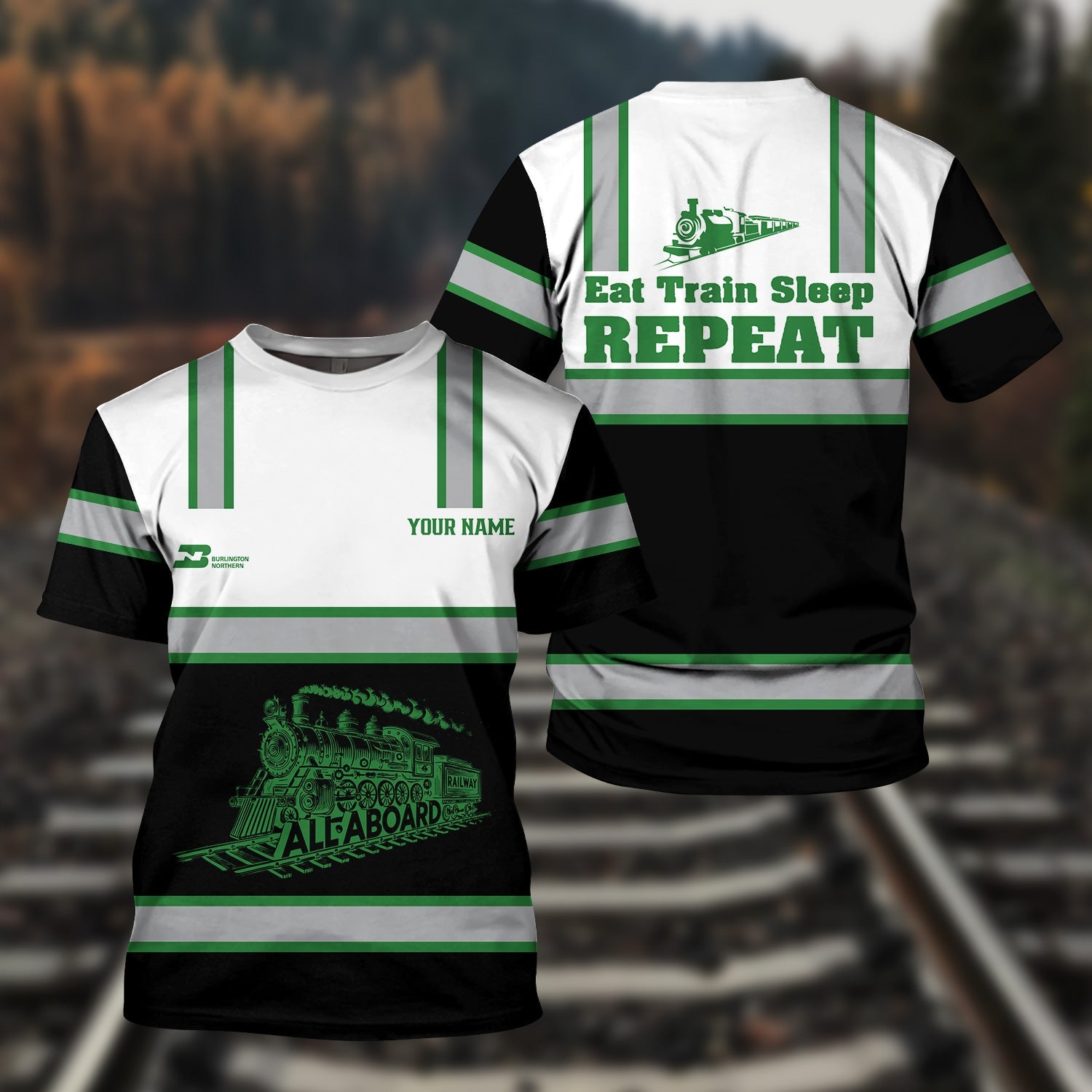 Railspirit Custom Name Burlington Northern Railroad T Shirt Eat Train Sleep Repeat Printed Train Shirt