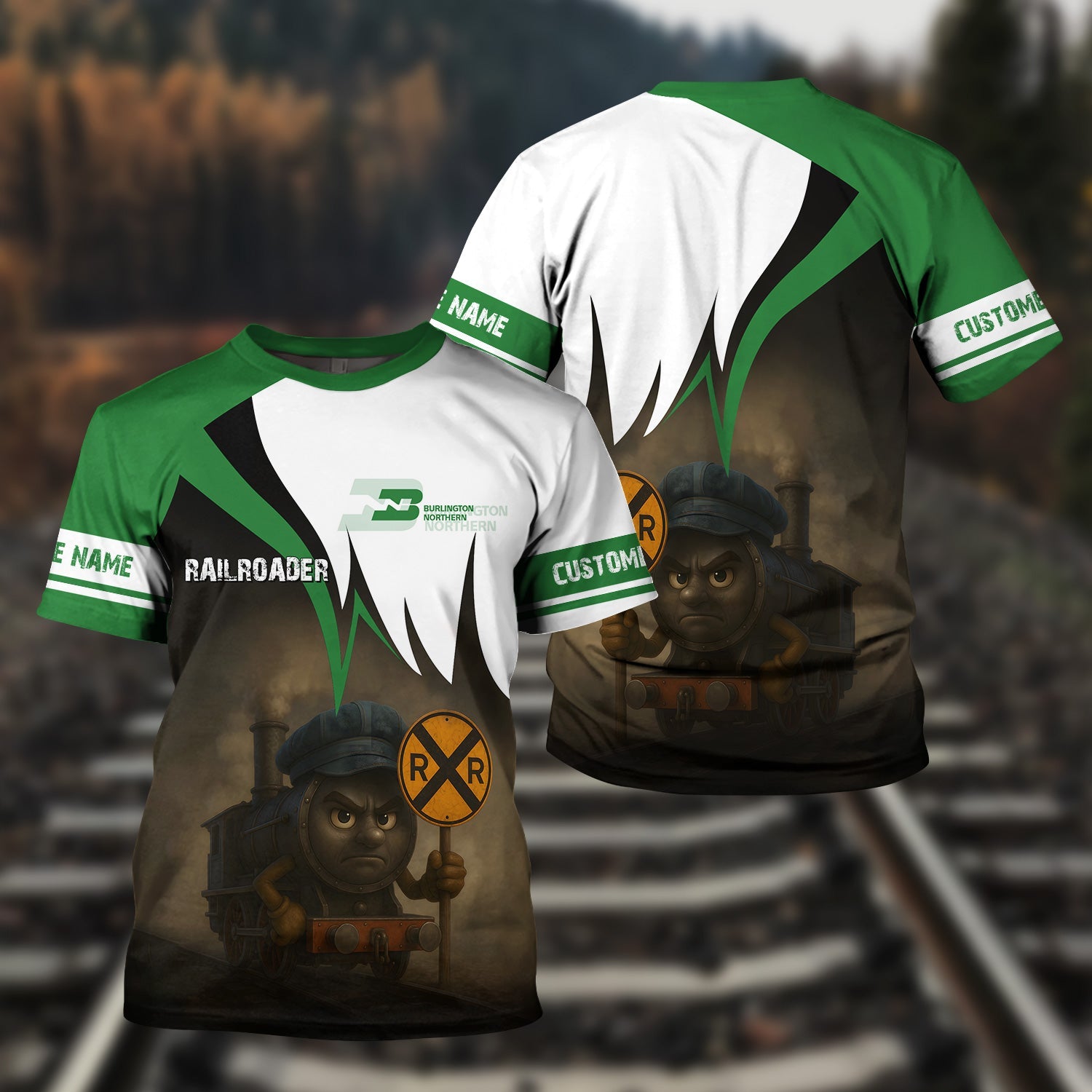 Railspirit Personalized Burlington Northern Railroad T-Shirt Angry Train Shirt Gift Idea For Train Lover