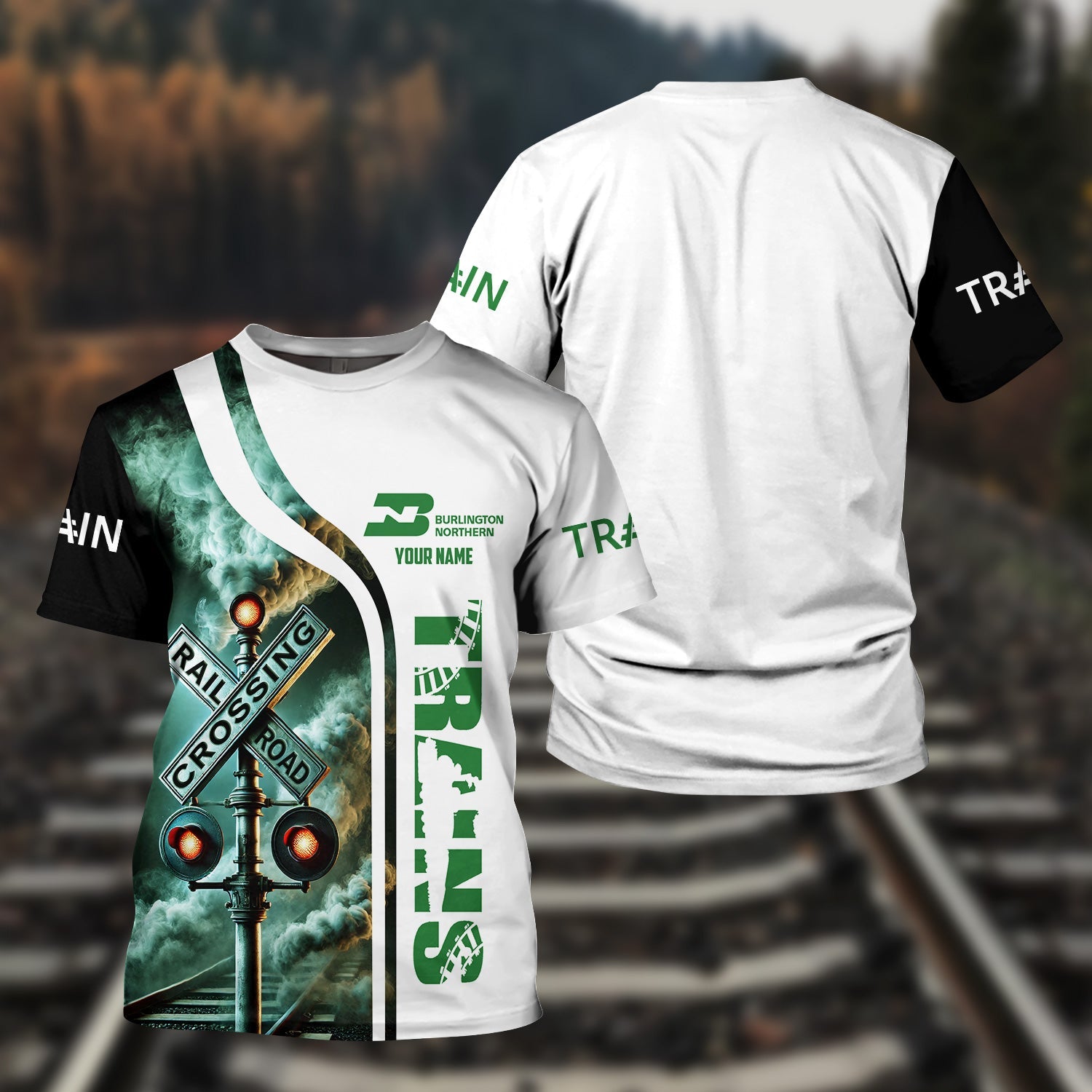Railspirit Custom Name Burlington Northern Railroad T Shirt Railroad Crossing Sign Train Shirt All Over Print