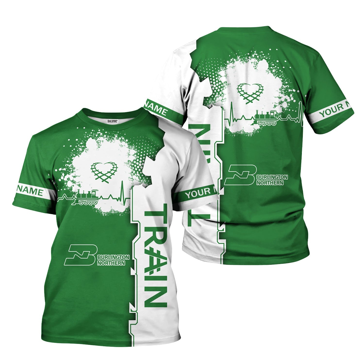 Railspirit Personalized Burlington Northern Railroad T-Shirt Engine Heartbeat and Track Love Style Shirt Gift Idea For Train Lovers