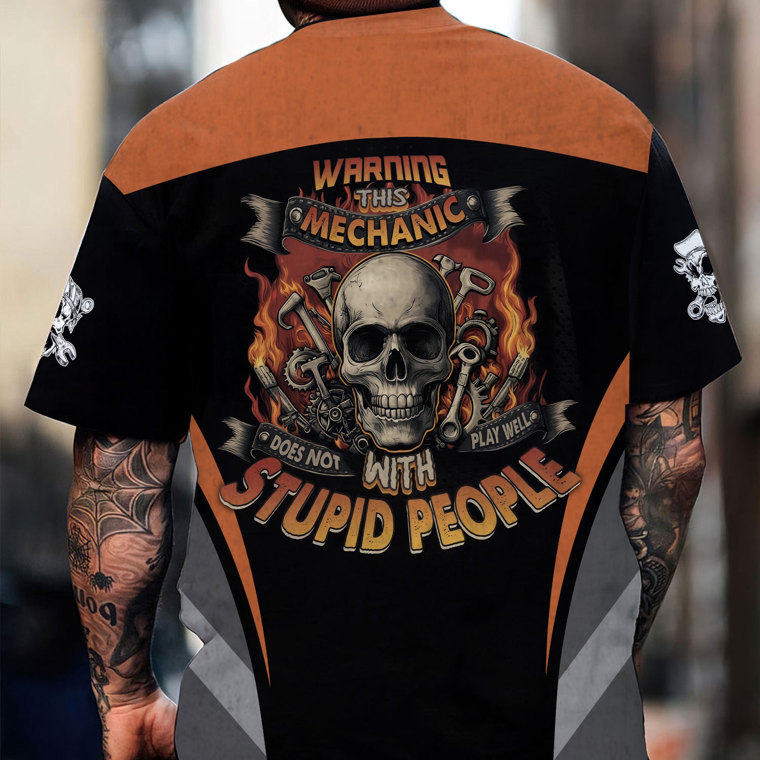 Personalized Mechanic Shirt, Funny Mechanic Shirt Warning This Mechanic Does Not Play Well With Stupid People Skull Quote, Gift for Car Lovers and Mechanics