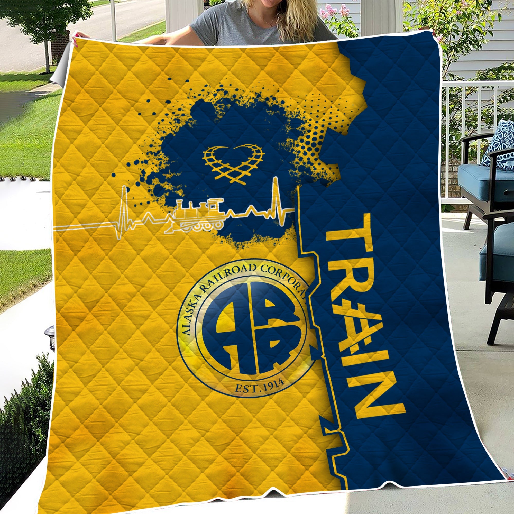 Railspirit Alaska Railroad Premium Quilts Engine Heartbeat and Track Love Style Quilts Gift Idea For Train Lovers