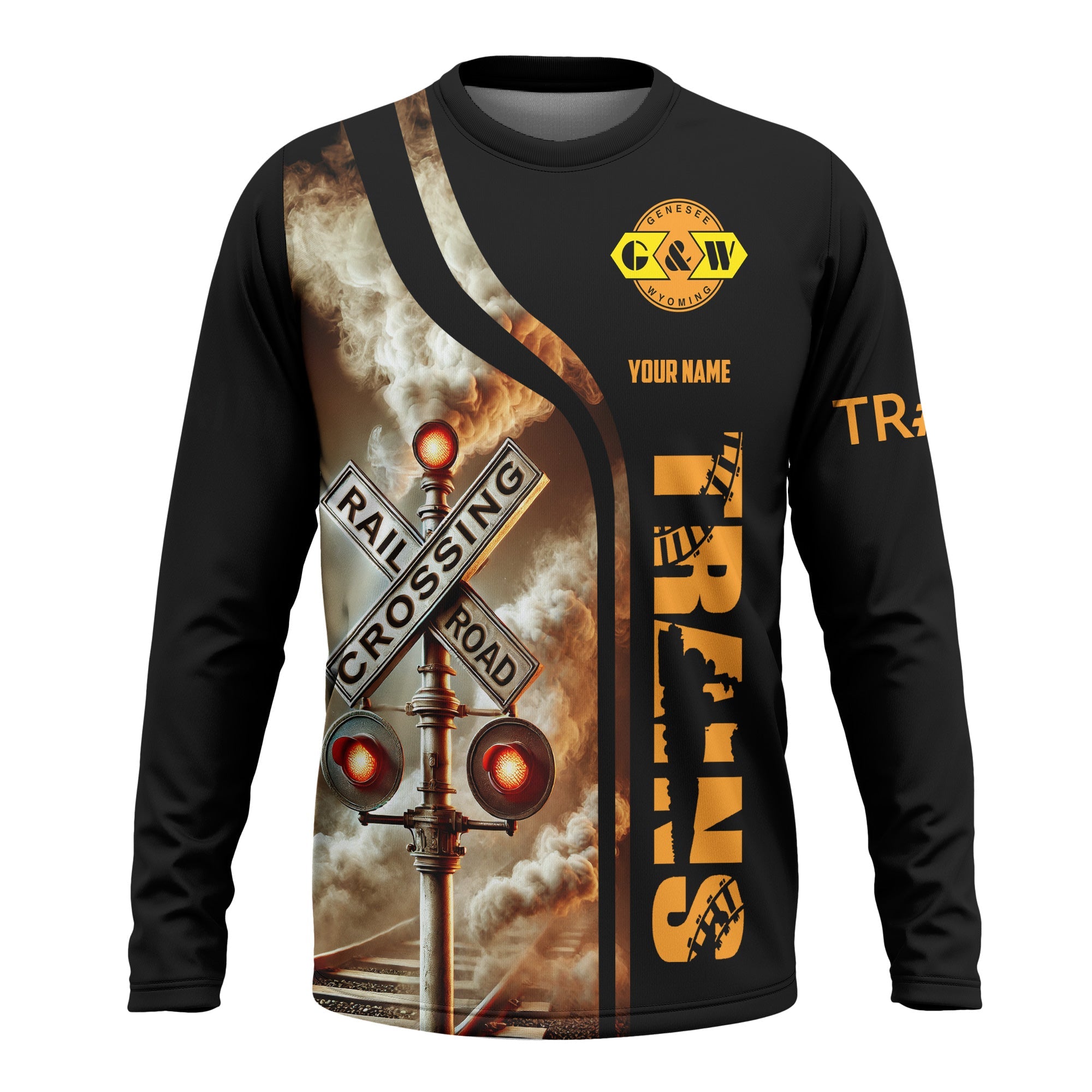 Railspirit Custom Name Genesee & Wyoming Inc. Railroad Long Sleeve Shirt Railroad Crossing Sign Printed Train Shirt