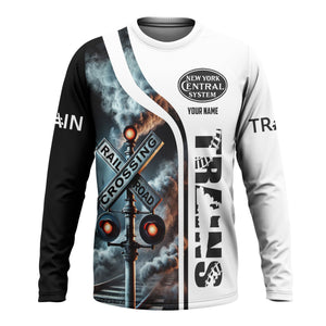 Railspirit Custom Name New York Central Railroad Long Sleeve Shirt Railroad Crossing Sign Printed Train Shirt