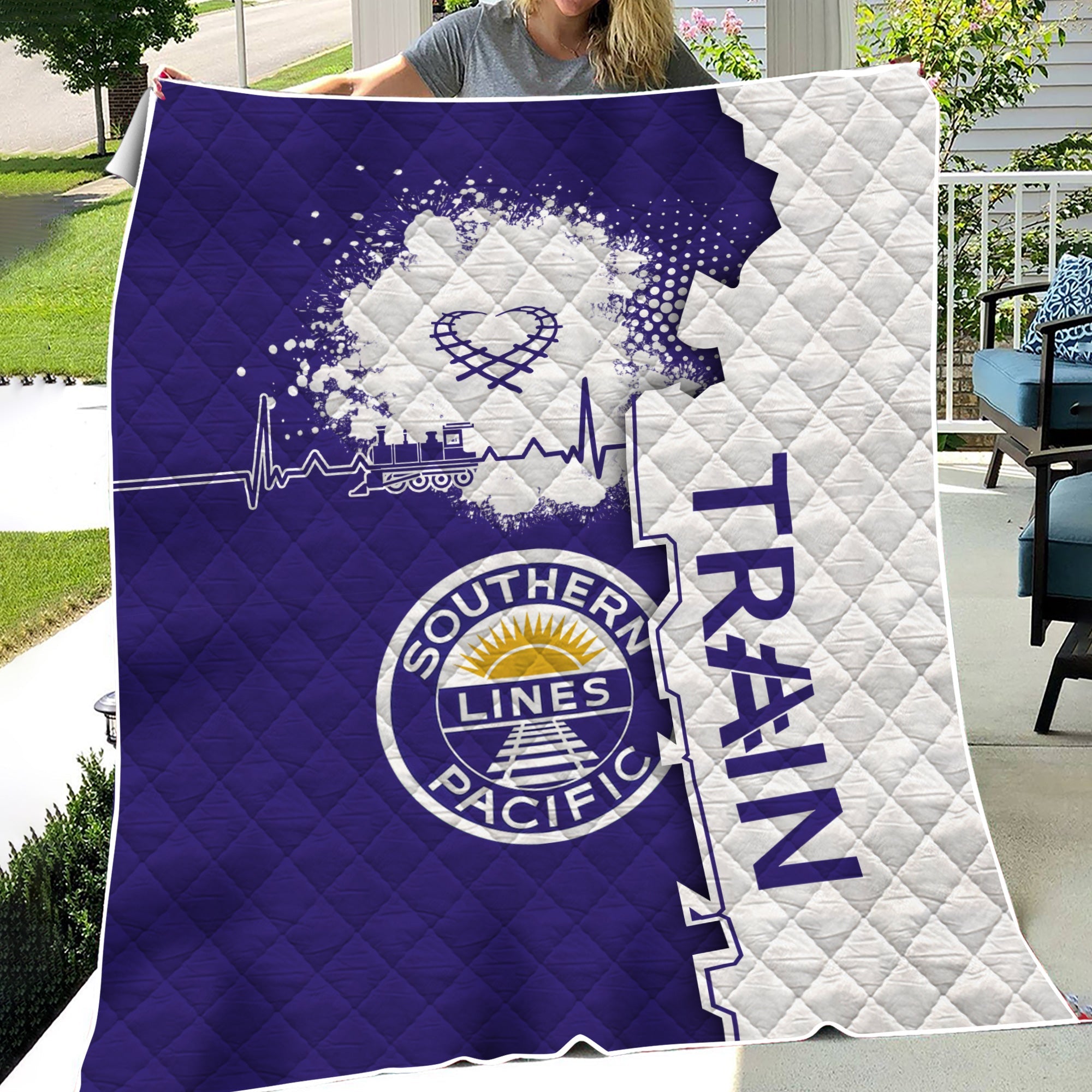 Railspirit Southern Pacific Railroad Premium Quilts Engine Heartbeat and Track Love Style Quilts Gift Idea For Train Lovers