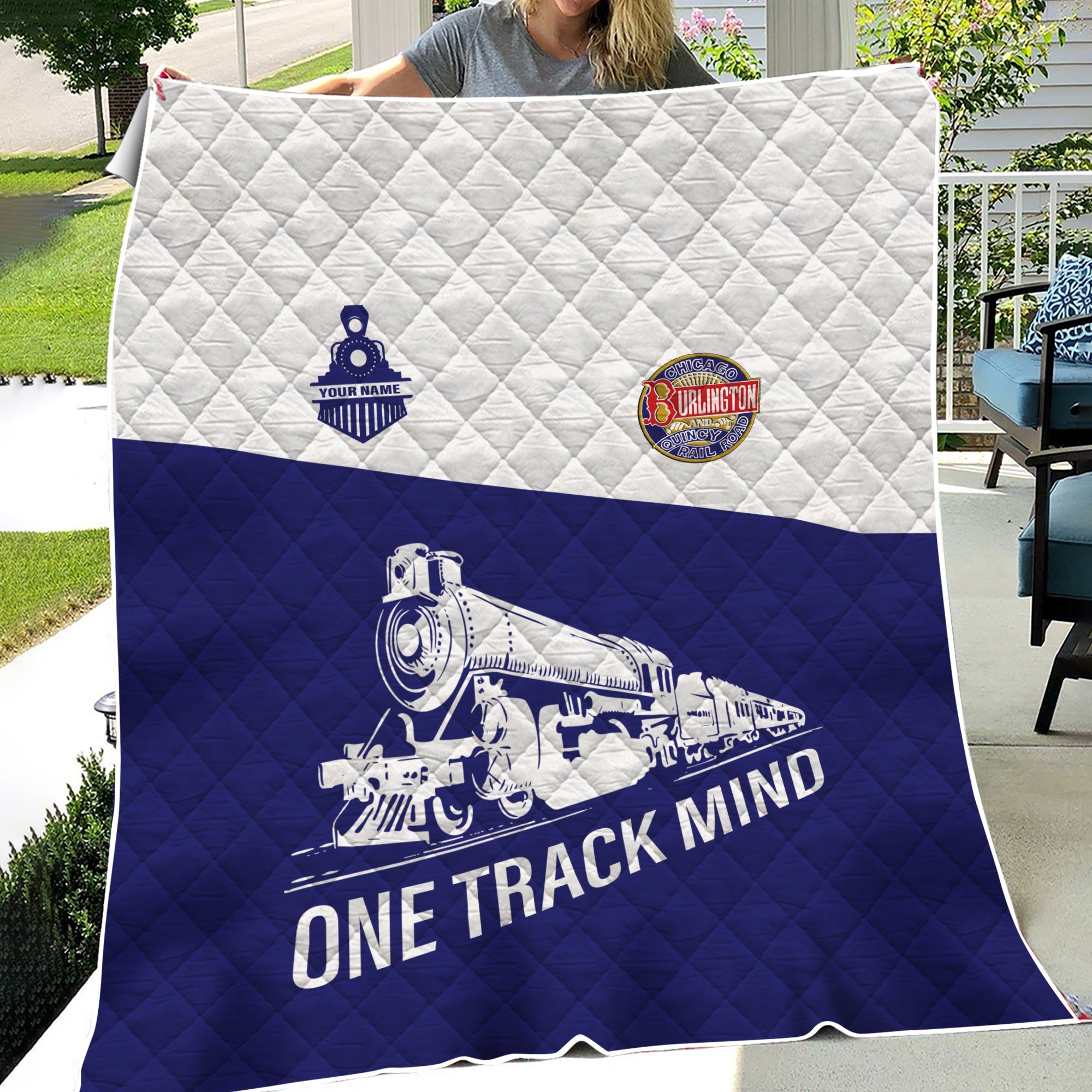 Railspirit Personalized Chicago, Burlington and Quincy Railroad Premium Quilt One Track Mind Train Premium Quilt Gift Idea For Train Lover
