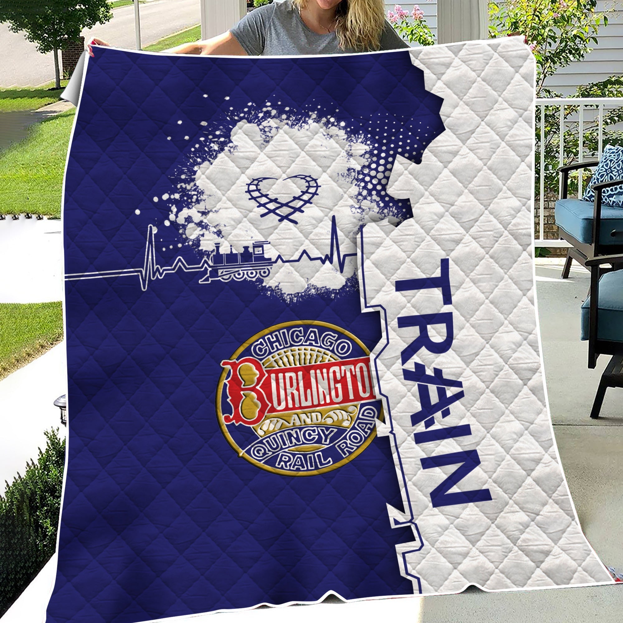 Railspirit Chicago, Burlington and Quincy Railroad Premium Quilts Engine Heartbeat and Track Love Style Quilts Gift Idea For Train Lovers