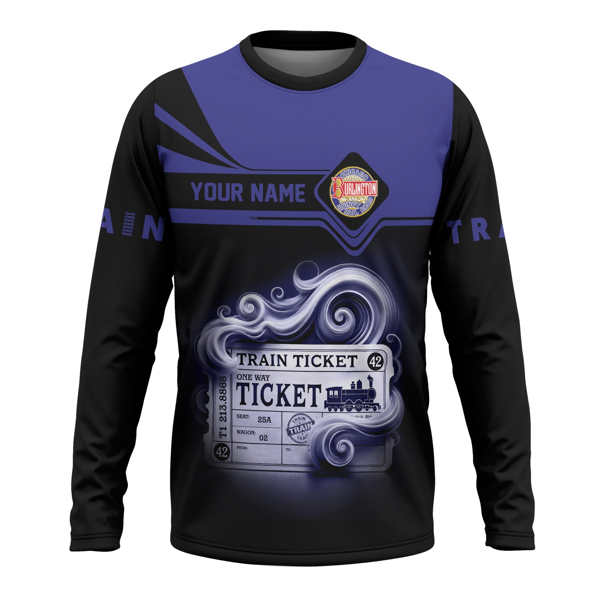 Railspirit Custom Name Chicago, Burlington and Quincy Railroad Long Sleeve Shirt American Train Ticket Printed Shirt