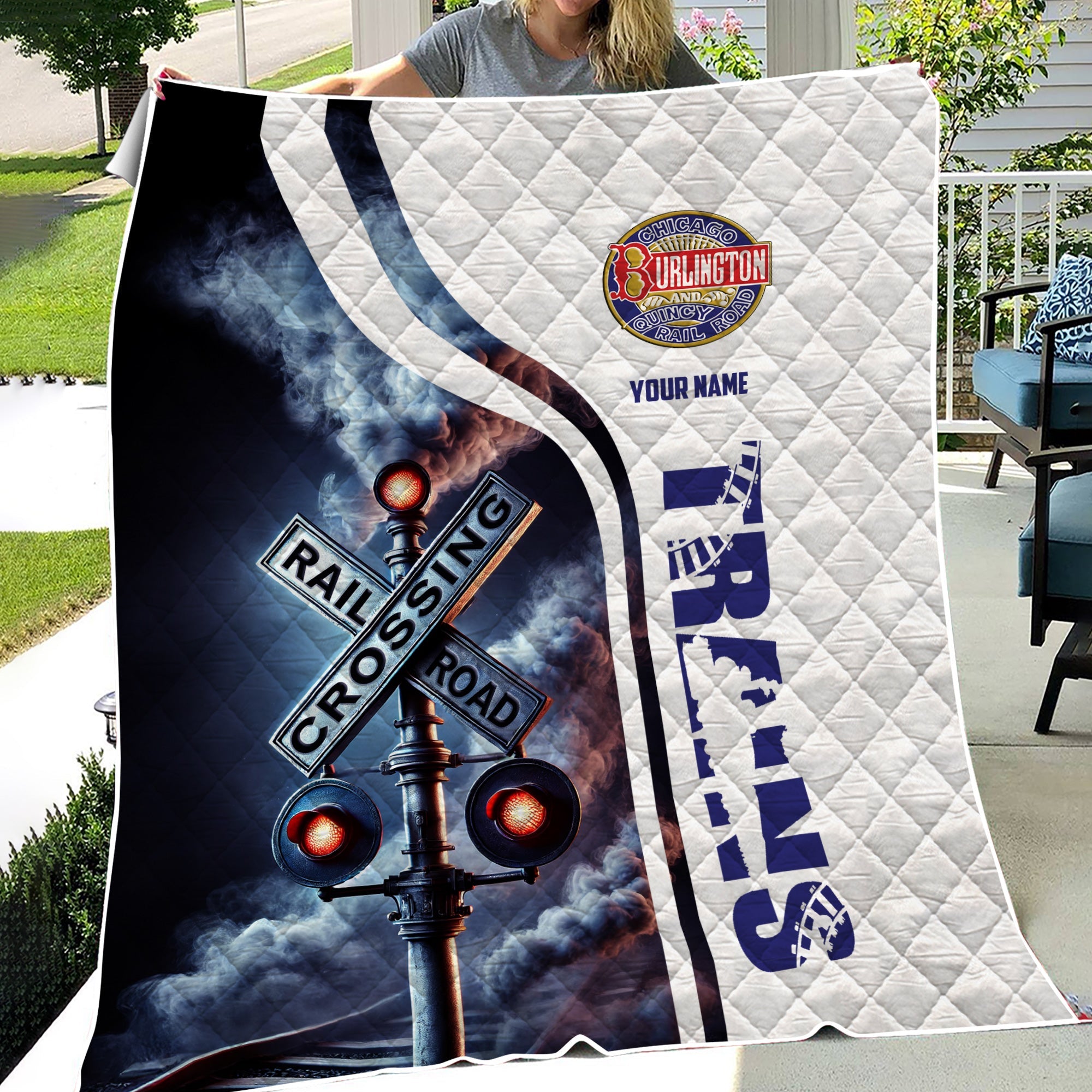 Railspirit Personalized Chicago, Burlington and Quincy Railroad Premium Quilts Railroad Crossing Sign Quilts All Over Print