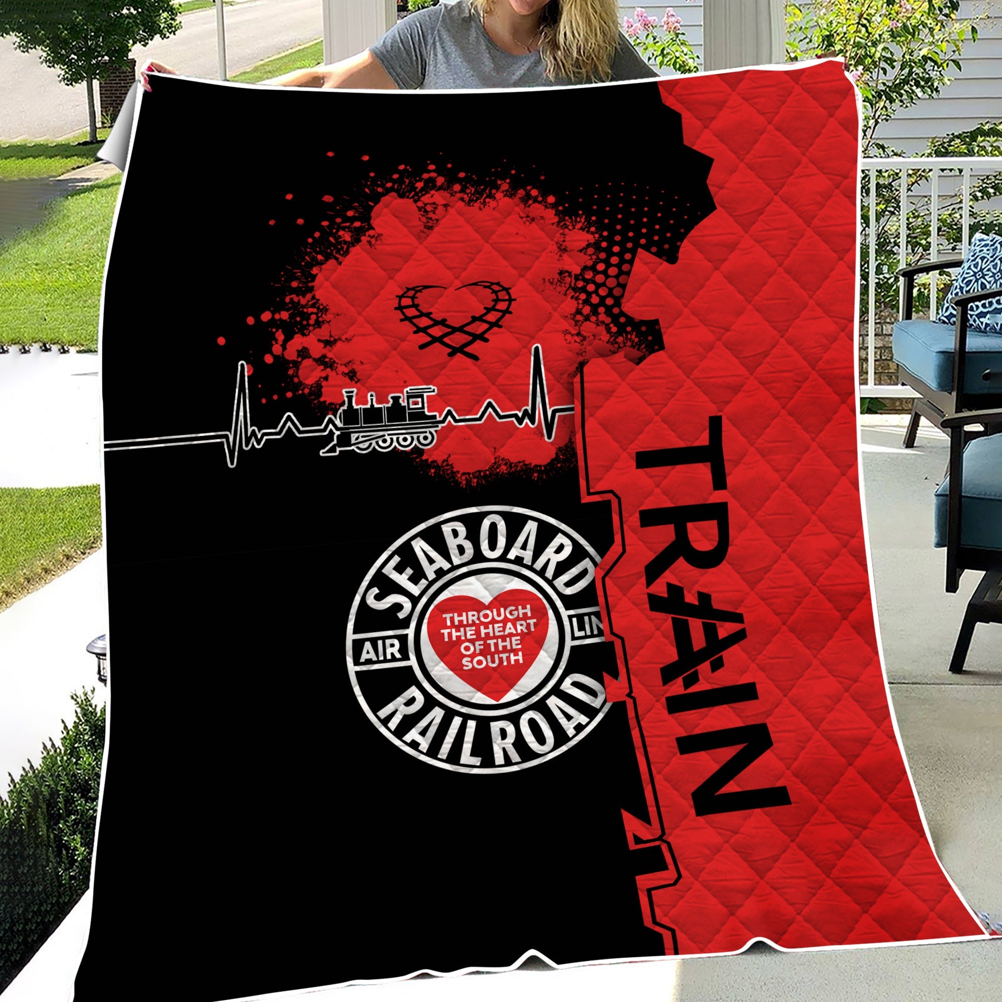 Railspirit Seaboard Air Line Railroad Premium Quilts Engine Heartbeat and Track Love Style Quilts Gift Idea For Train Lovers