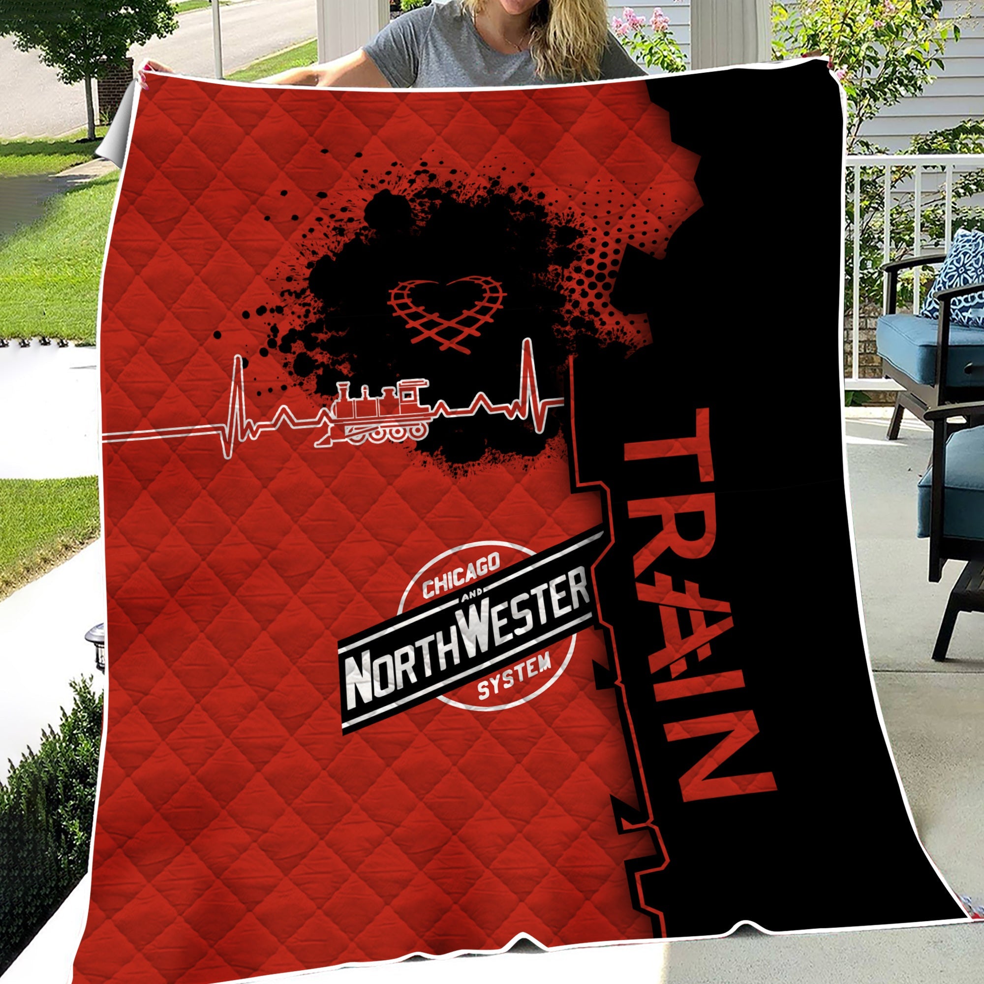 Railspirit Chicago and North Western Railway Premium Quilts Engine Heartbeat and Track Love Style Quilts Gift Idea For Train Lovers