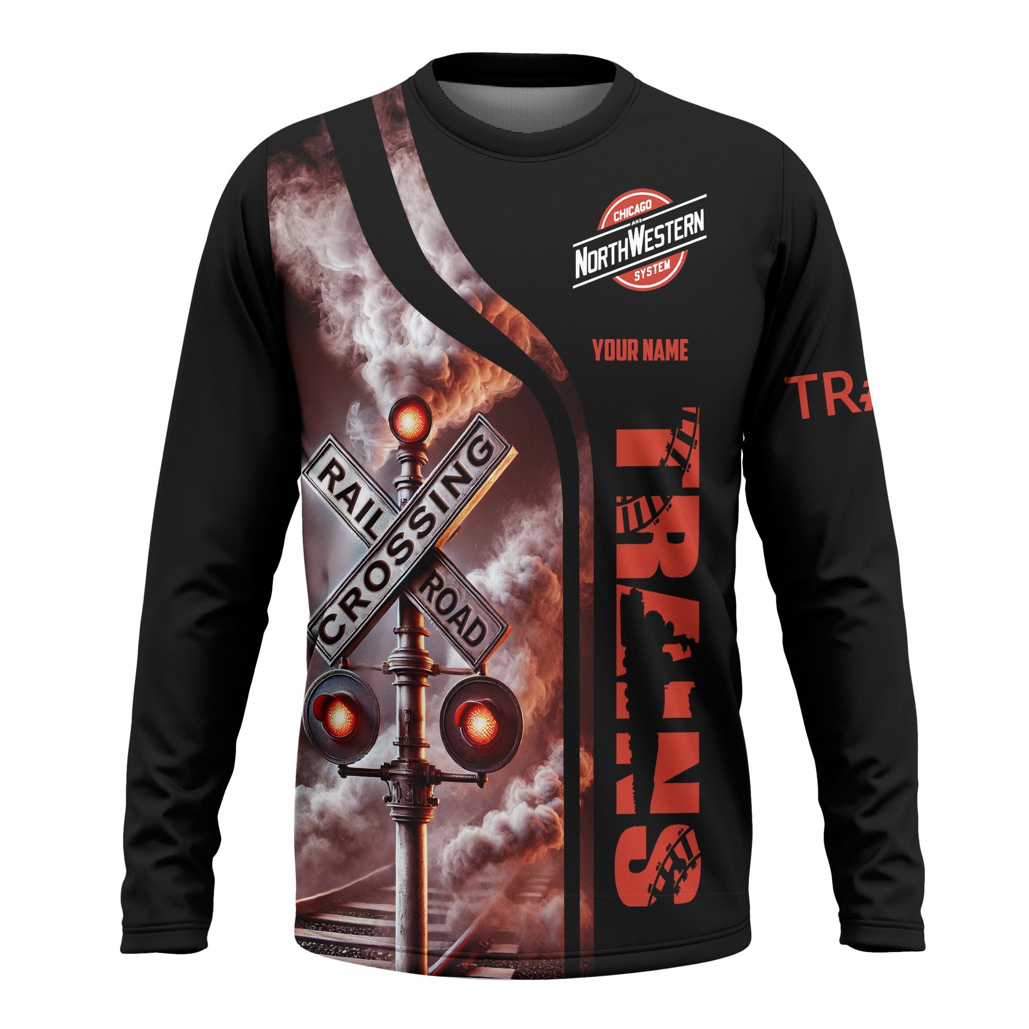 Railspirit Custom Name Chicago and North Western Railway Long Sleeve Shirt Railroad Crossing Sign Printed Train Shirt