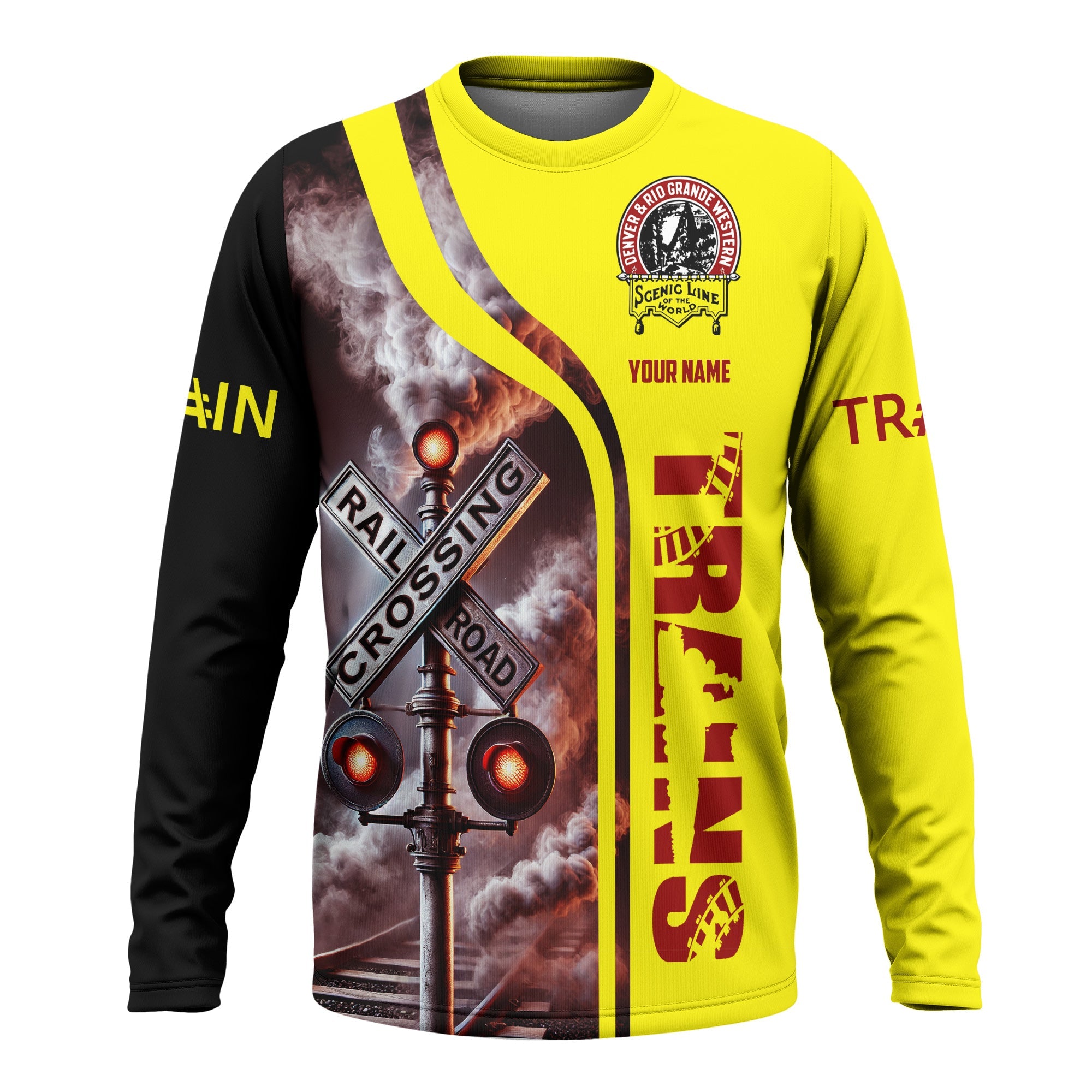 Railspirit Custom Name Denver and Rio Grande Western Railroad Long Sleeve Shirt Railroad Crossing Sign Printed Train Shirt