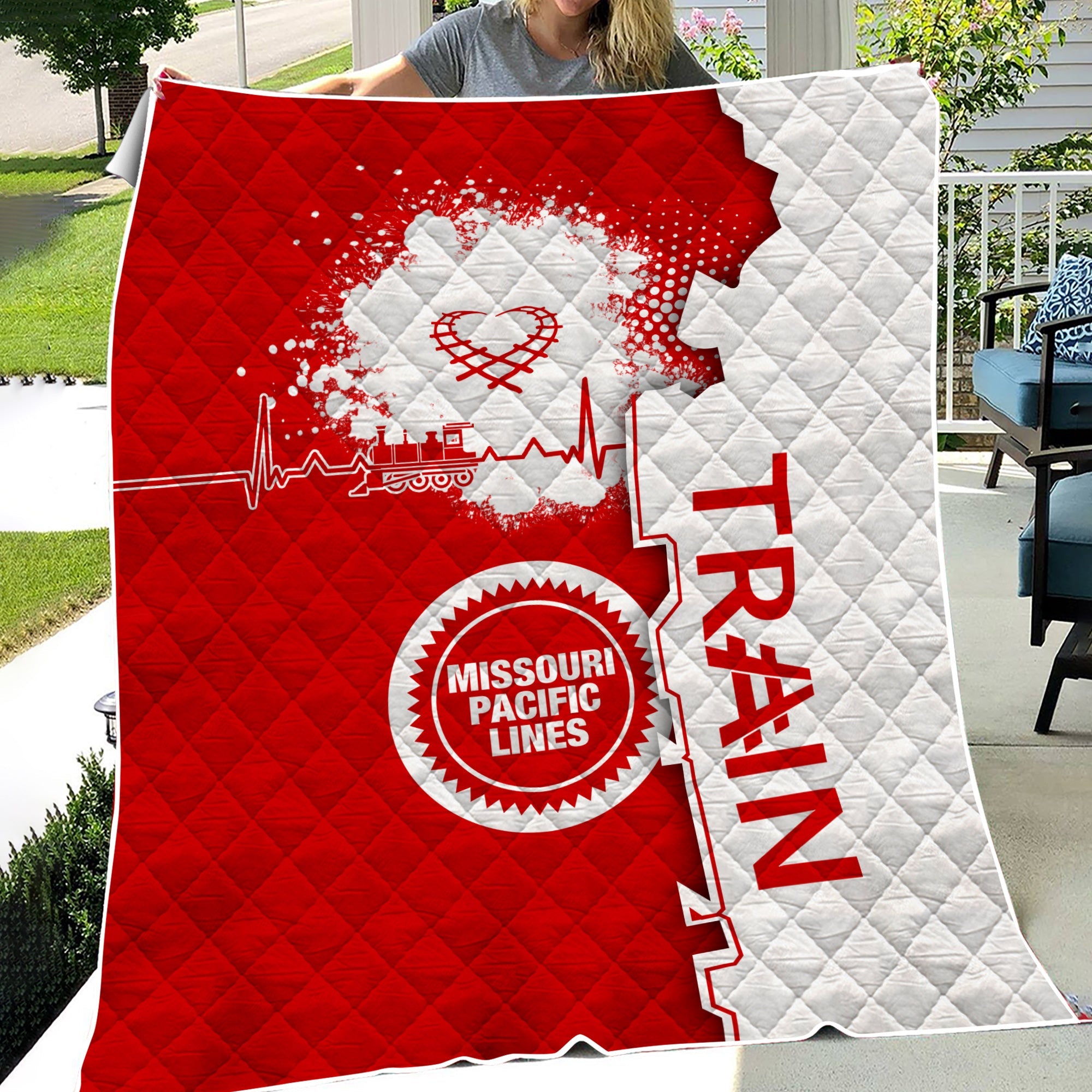 Railspirit Missouri Pacific Railroad Premium Quilts Engine Heartbeat and Track Love Style Quilts Gift Idea For Train Lovers