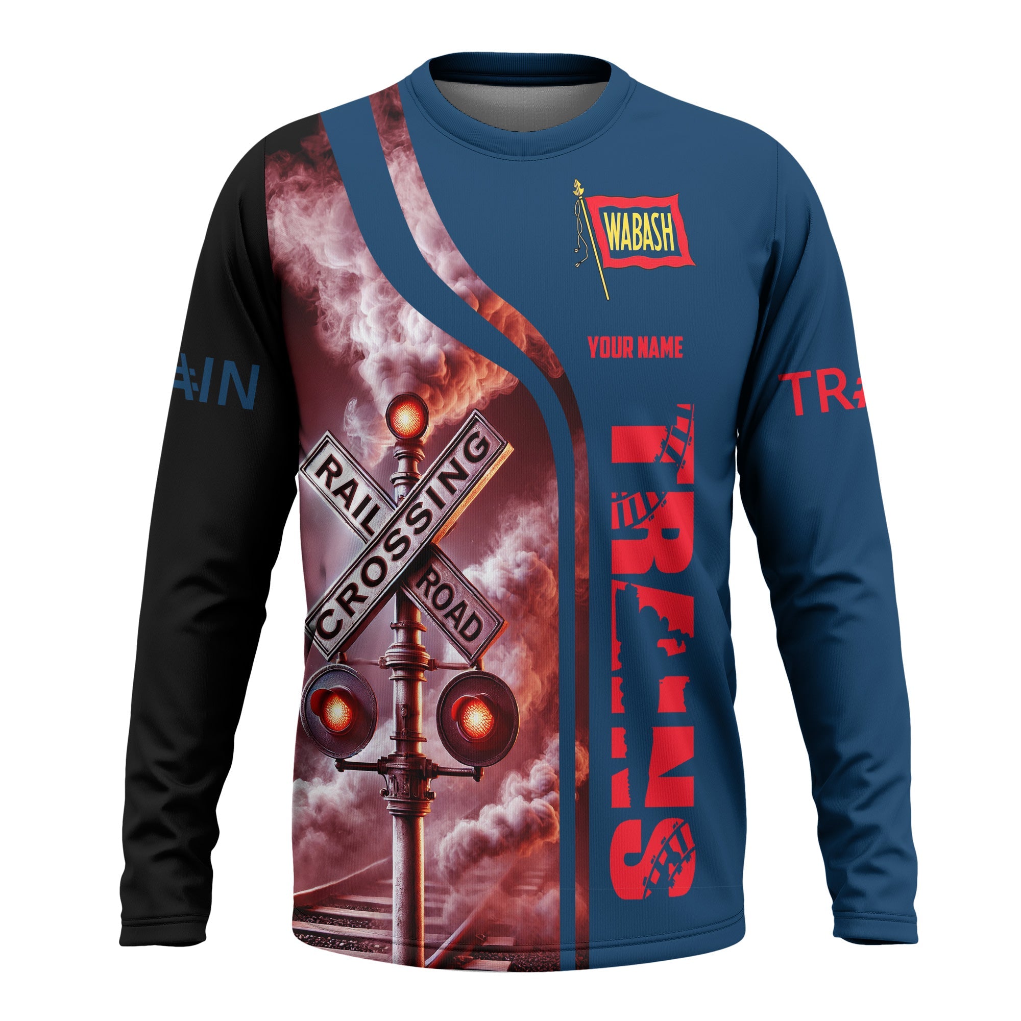 Railspirit Custom Name Wabash Railroad Long Sleeve Shirt Railroad Crossing Sign Printed Train Shirt