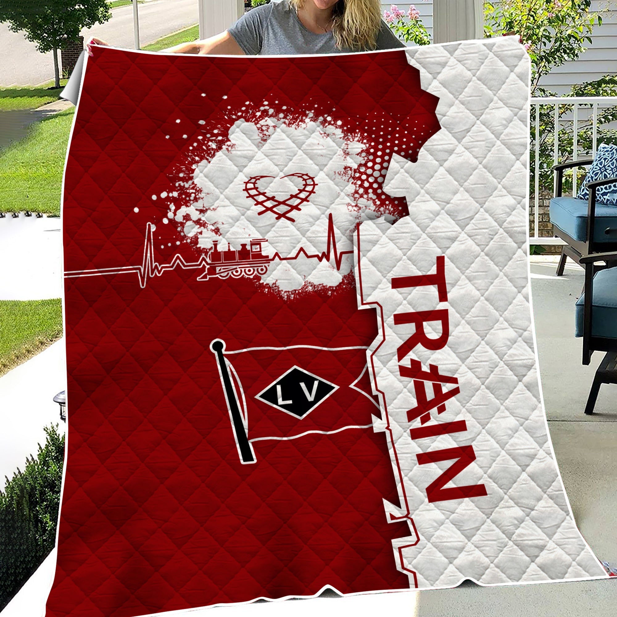 Railspirit Lehigh Valley Railroad Premium Quilts Engine Heartbeat and Track Love Style Quilts Gift Idea For Train Lovers