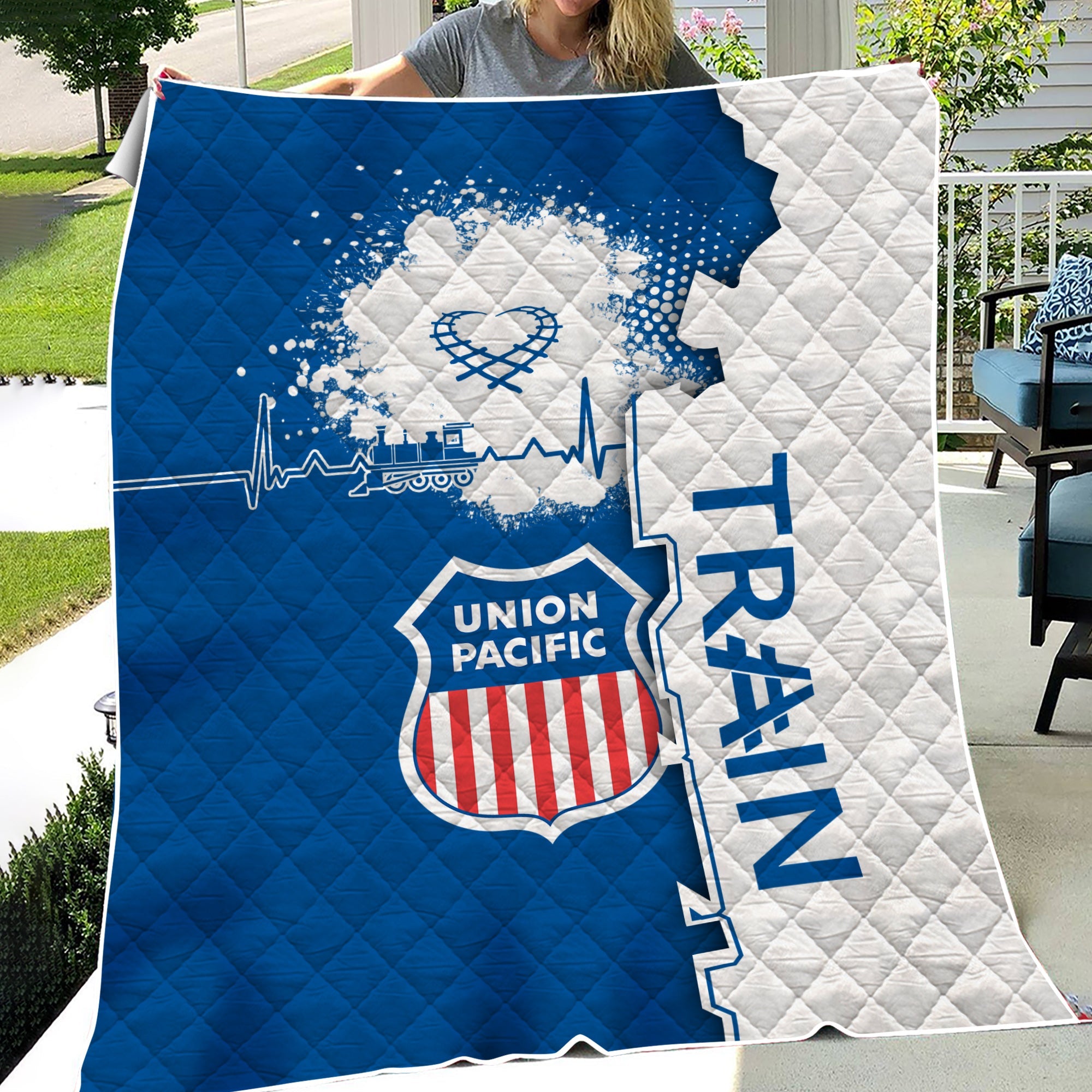 Railspirit Union Pacific Railroad Premium Quilts Engine Heartbeat and Track Love Style Big Boy Quilts Gift Idea For Train Lovers