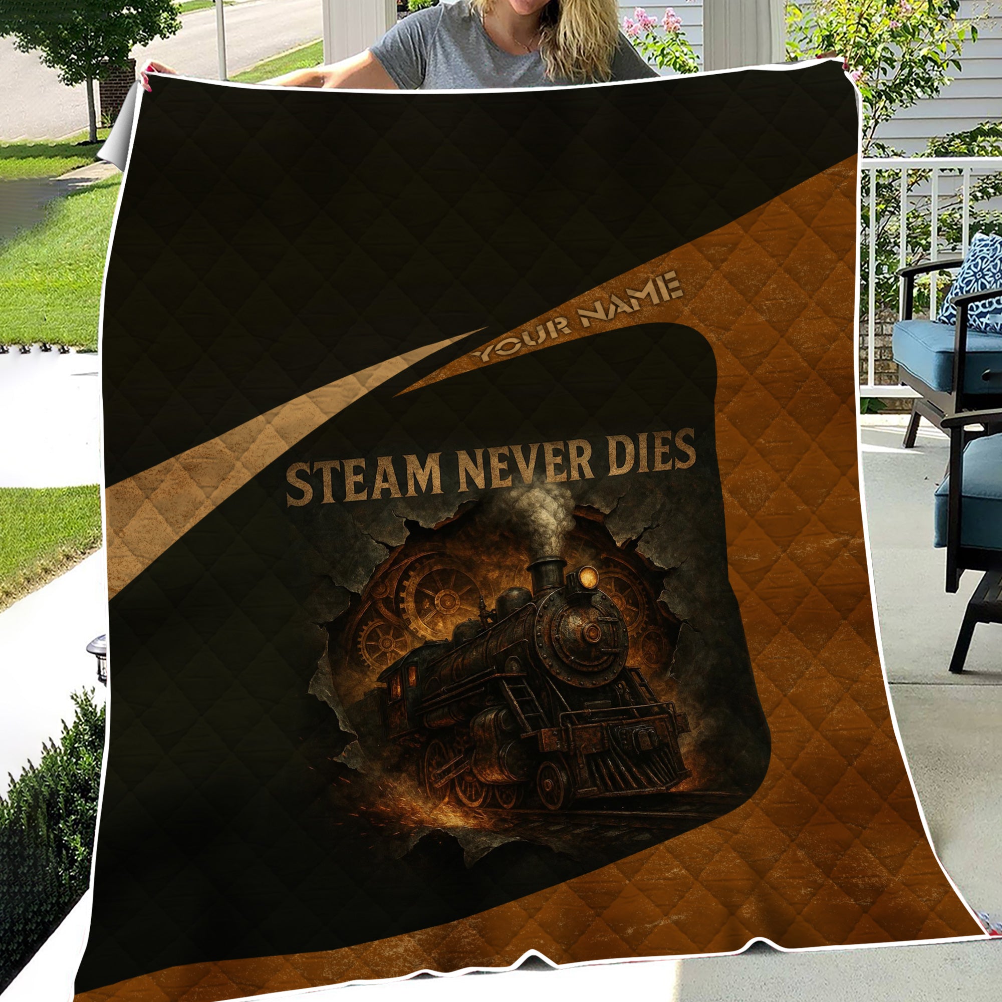 Railspirit Personalized Premium Quilts Steam Never Dies Vintage Train Quilts for Railroad Fanatic